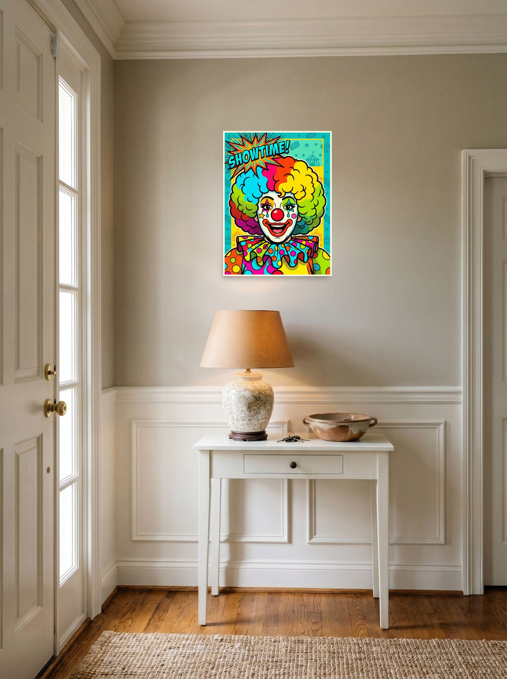 A 18x24 inch unframed paper Pop art print of 'Showtime Pop Clown' hanging in an entryway near a console.