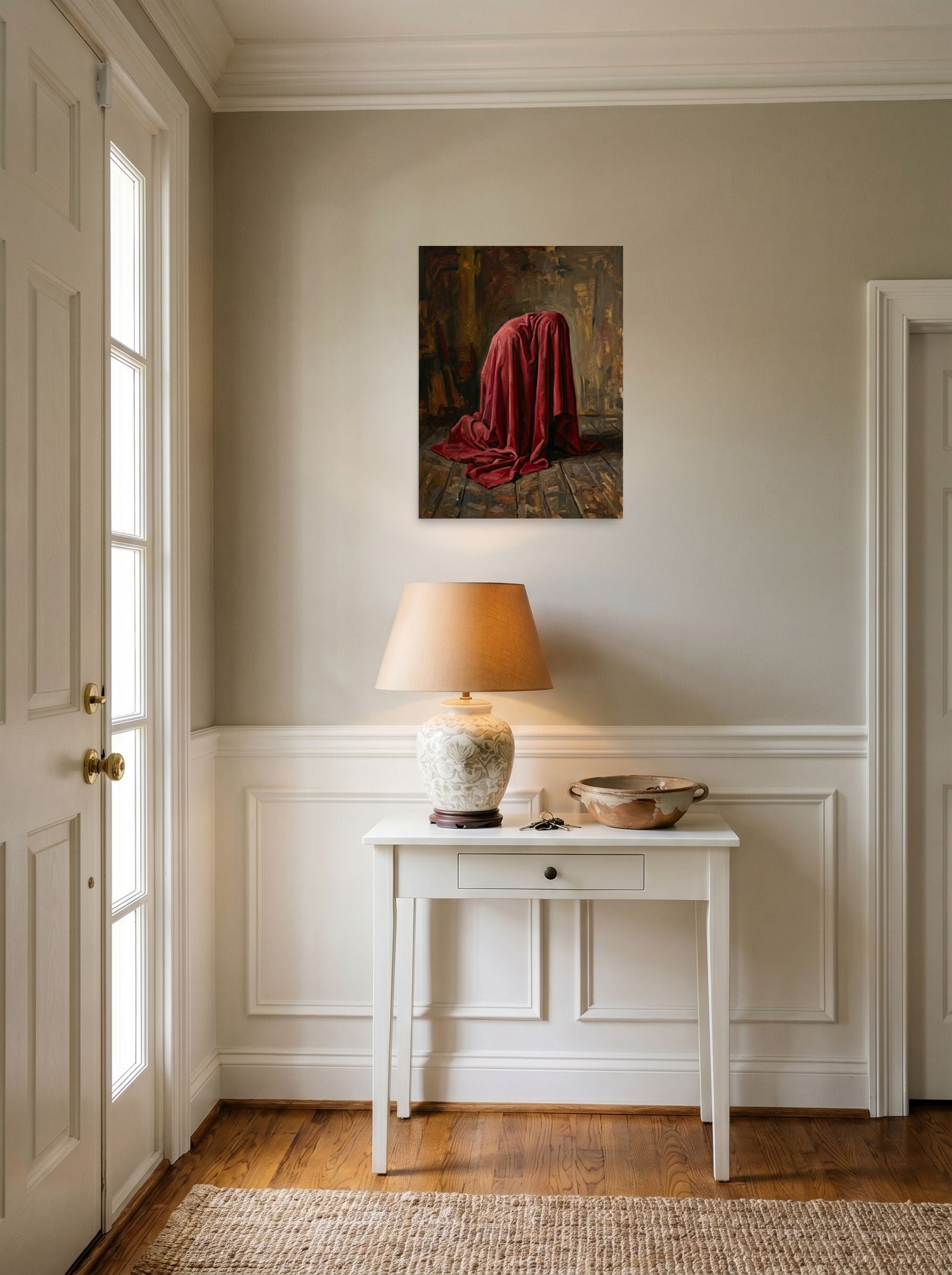 A 18x24 inch unframed paper Baroque,Realism print of 'The Red Drape' hanging in an entryway near a console.