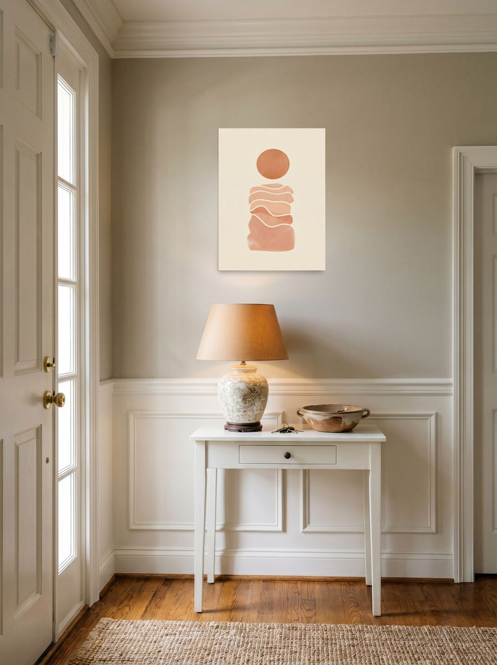 A 18x24 inch unframed paper Minimalism print of 'Desert Sun Reverie' hanging in an entryway near a console.