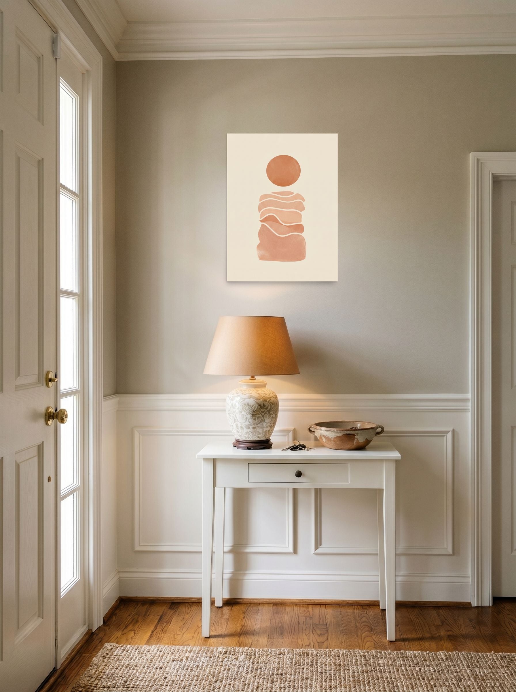 A 18x24 inch unframed paper Minimalism print of 'Desert Sun Reverie' hanging in an entryway near a console.