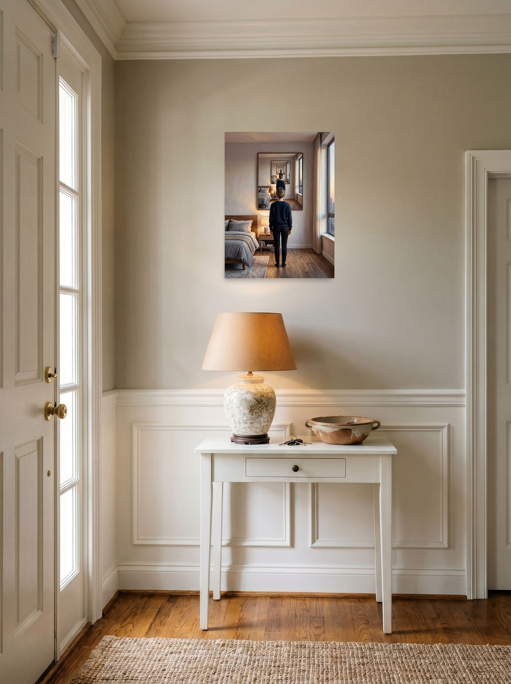 A 18x24 inch unframed paper Surrealism,Magic realism print of 'The Infinite Self' hanging in an entryway near a console.