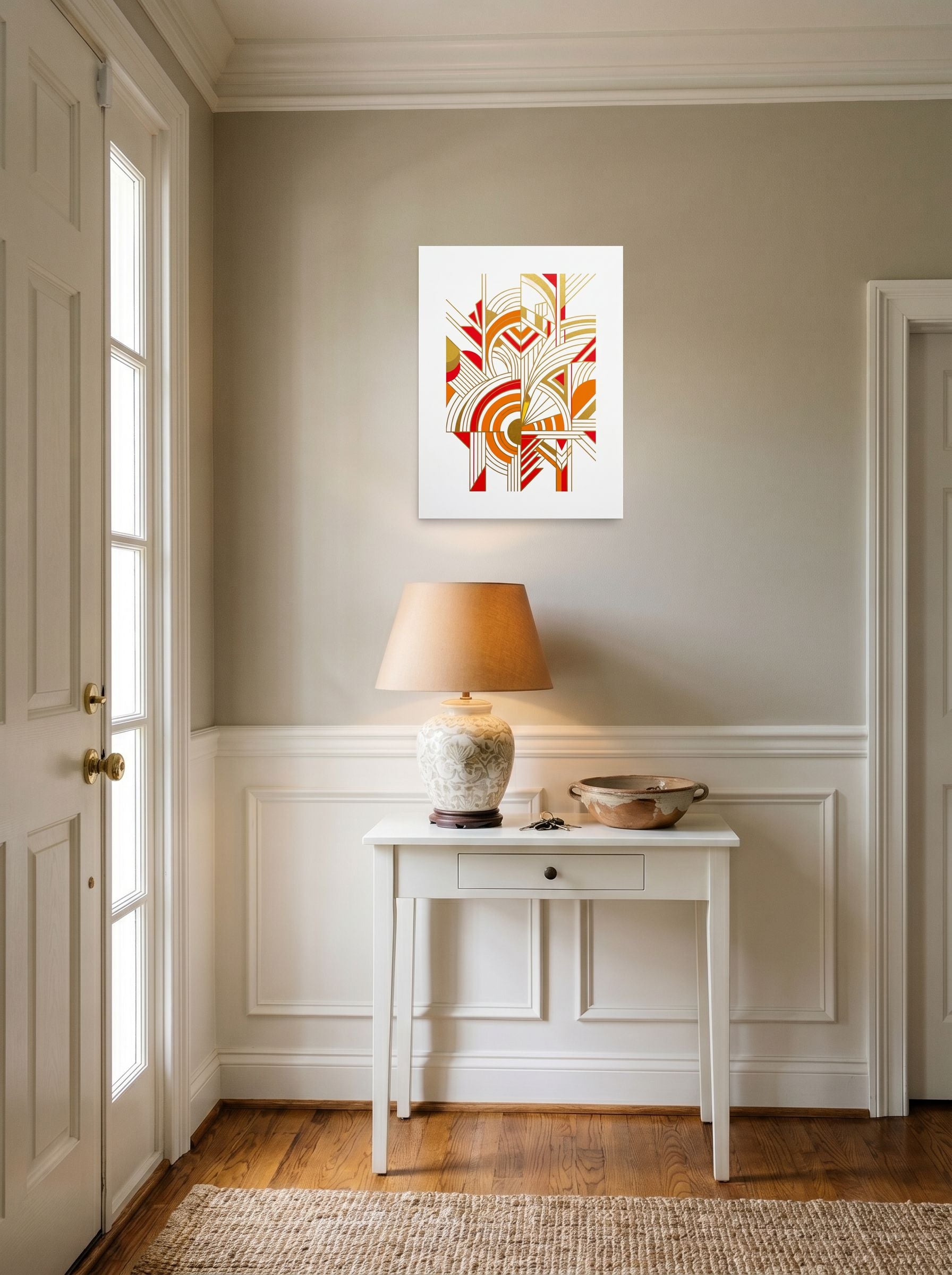 A 18x24 inch unframed paper Art Deco print of 'Radiant Deco Abstract' hanging in an entryway near a console.