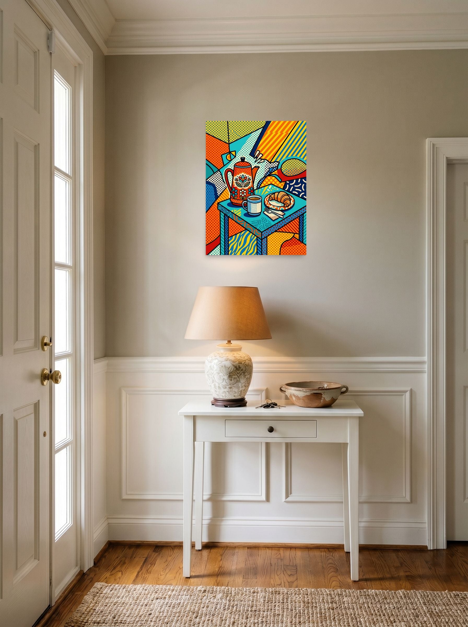A 18x24 inch unframed paper Pop art,Cubism print of 'Morning Halftone' hanging in an entryway near a console.