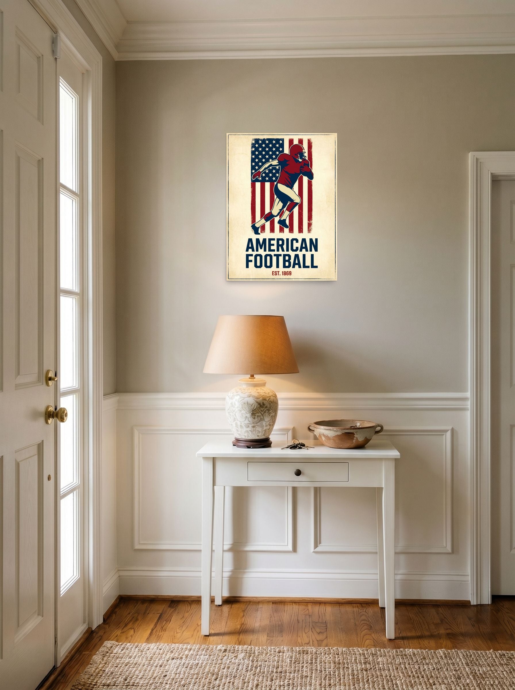 A 18x24 inch unframed paper Pop art,Digital art print of 'Gridiron Heritage' hanging in an entryway near a console.