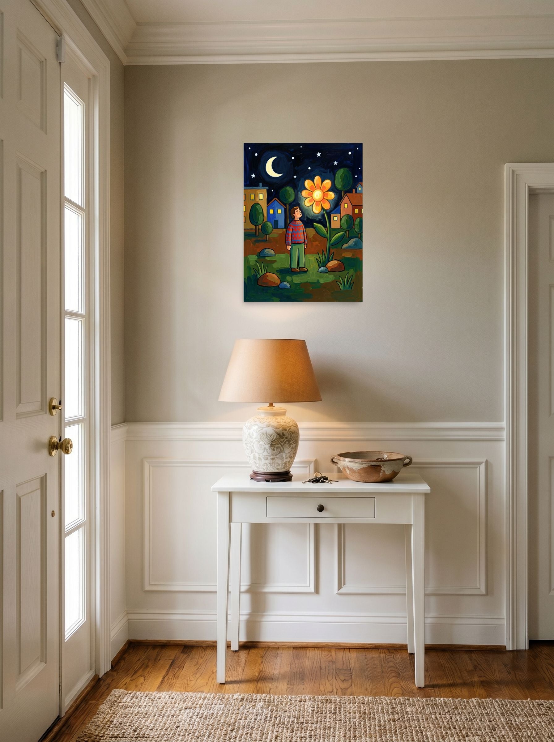 A 18x24 inch unframed paper Naive art print of 'The Glowing Night Bloom' hanging in an entryway near a console.