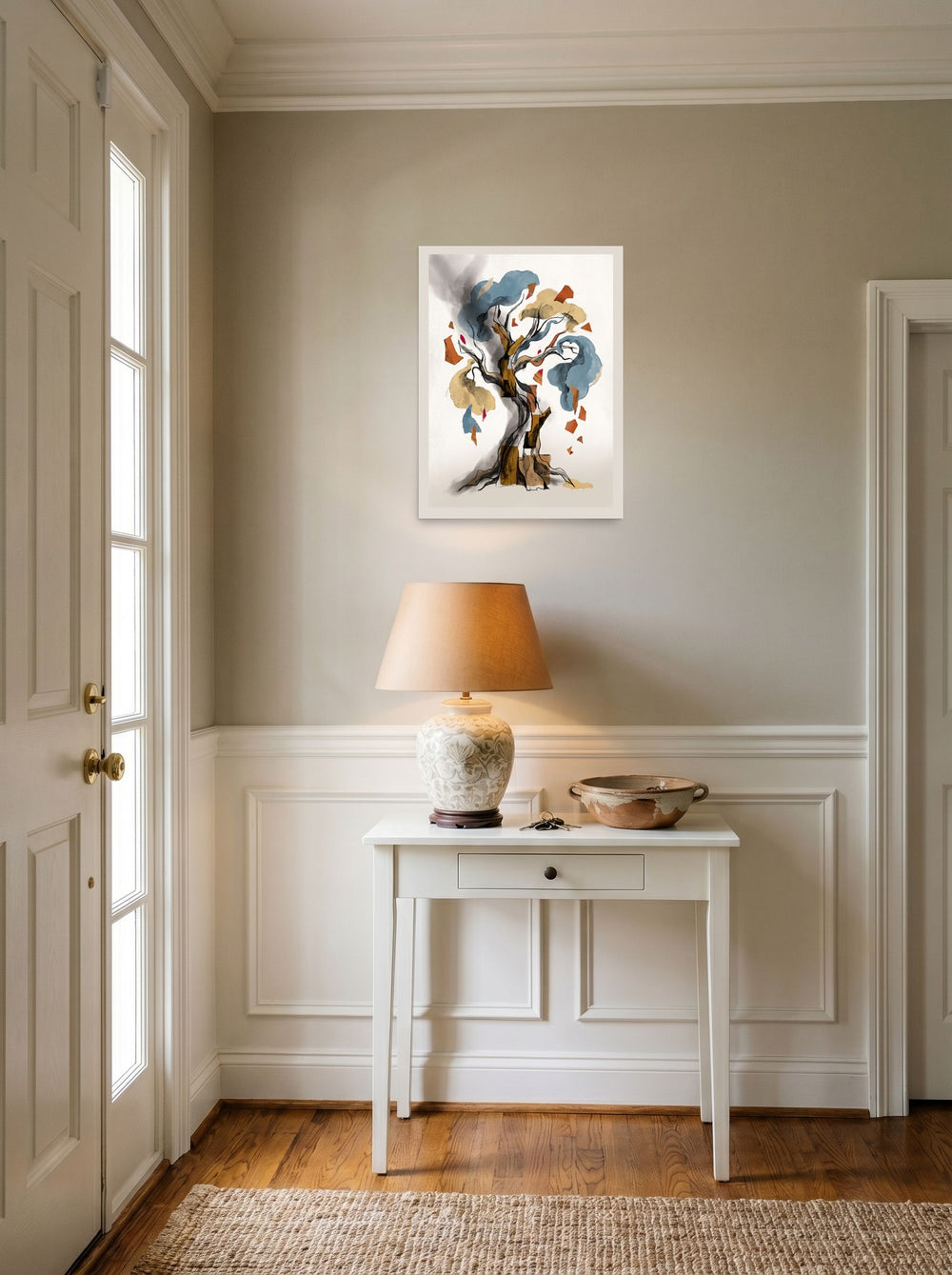 Mockup of 'Tree of Fragments' as a 18x24 inch unframed paper print, hanging in an entryway near a console.