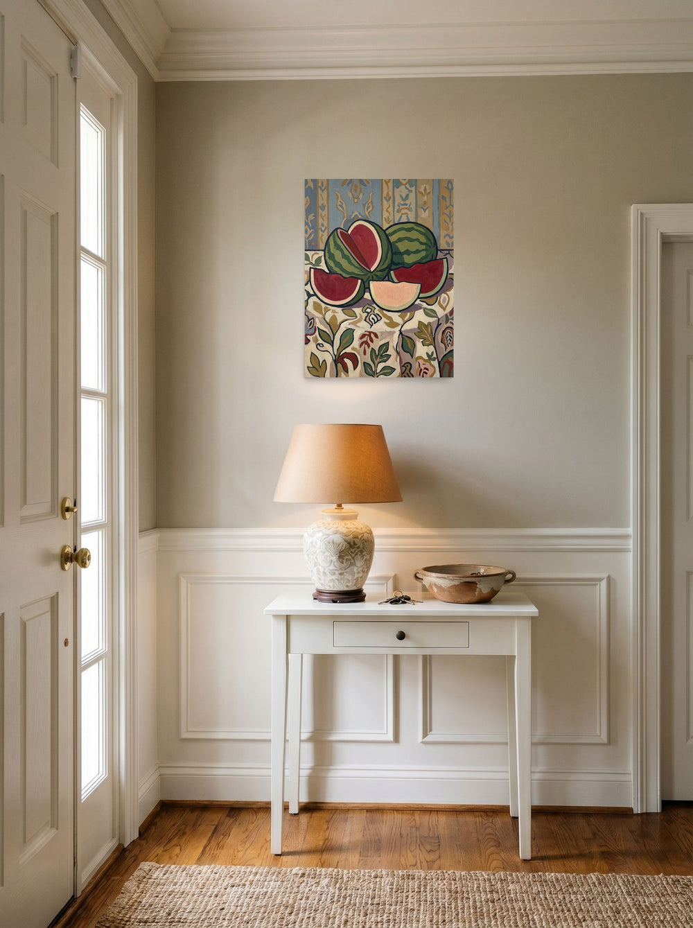 See 'Watermelon Still Life with Ornate Wallpaper' as a unframed paper print (18x24 inch), set against a bright entryway wall.