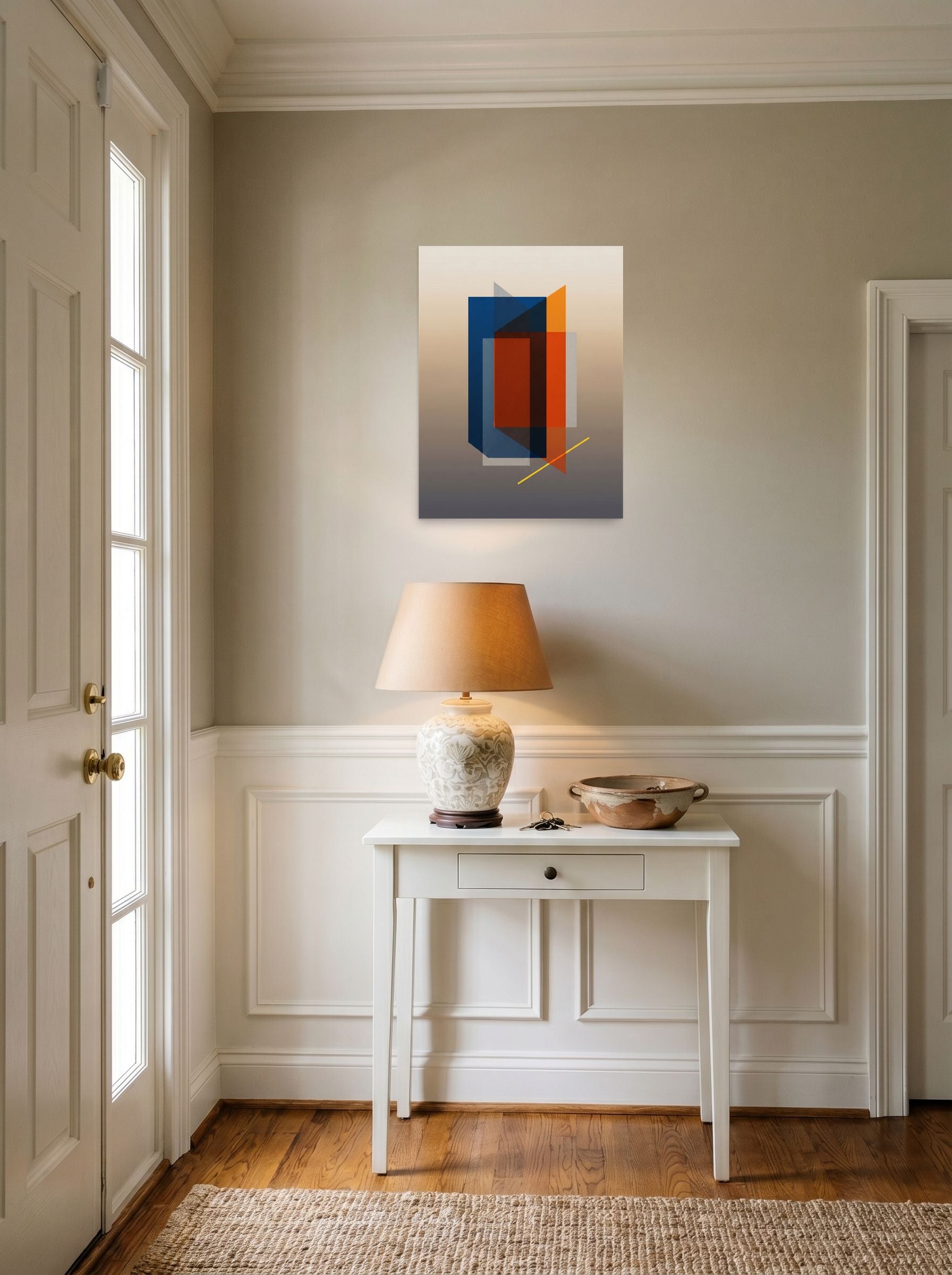 A 18x24 inch unframed paper Minimalism,Geometric abstract art print of 'Translucent Intersections' hanging in an entryway near a console.