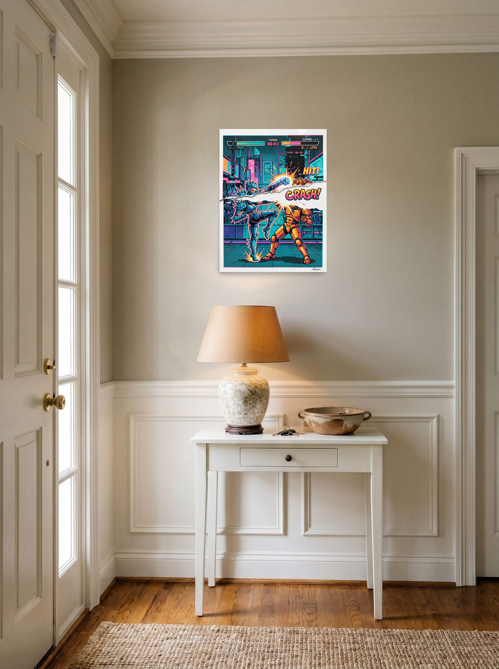 Pixel art wall art 'Arcade Tearout: Final Combo', unframed paper at 18x24 inch, set against a bright entryway wall.