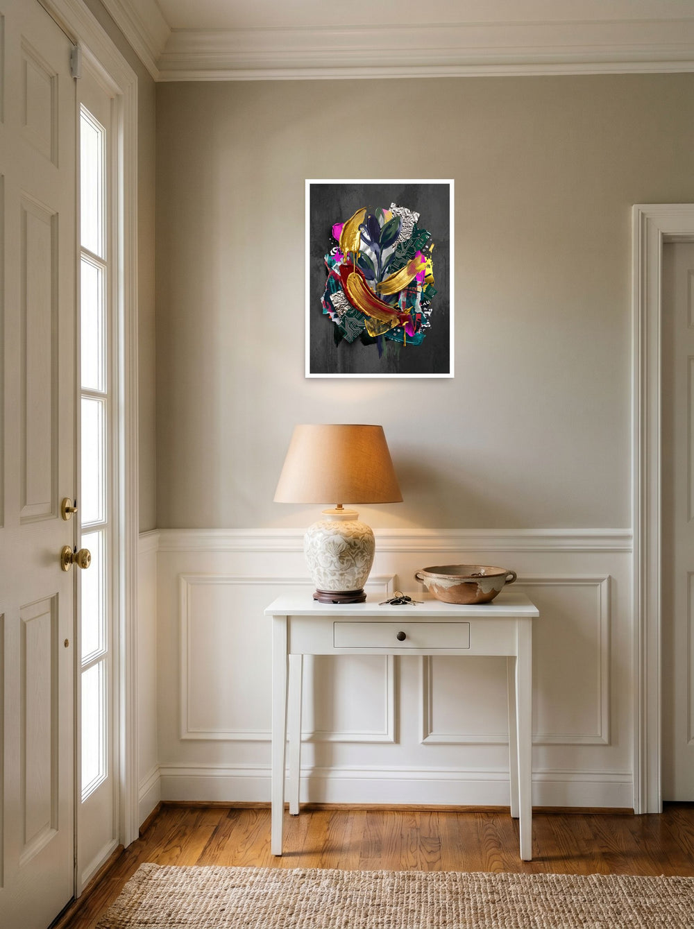 See 'Digital Alchemy' as a unframed paper print (18x24 inch), styled above a console table in an entryway.