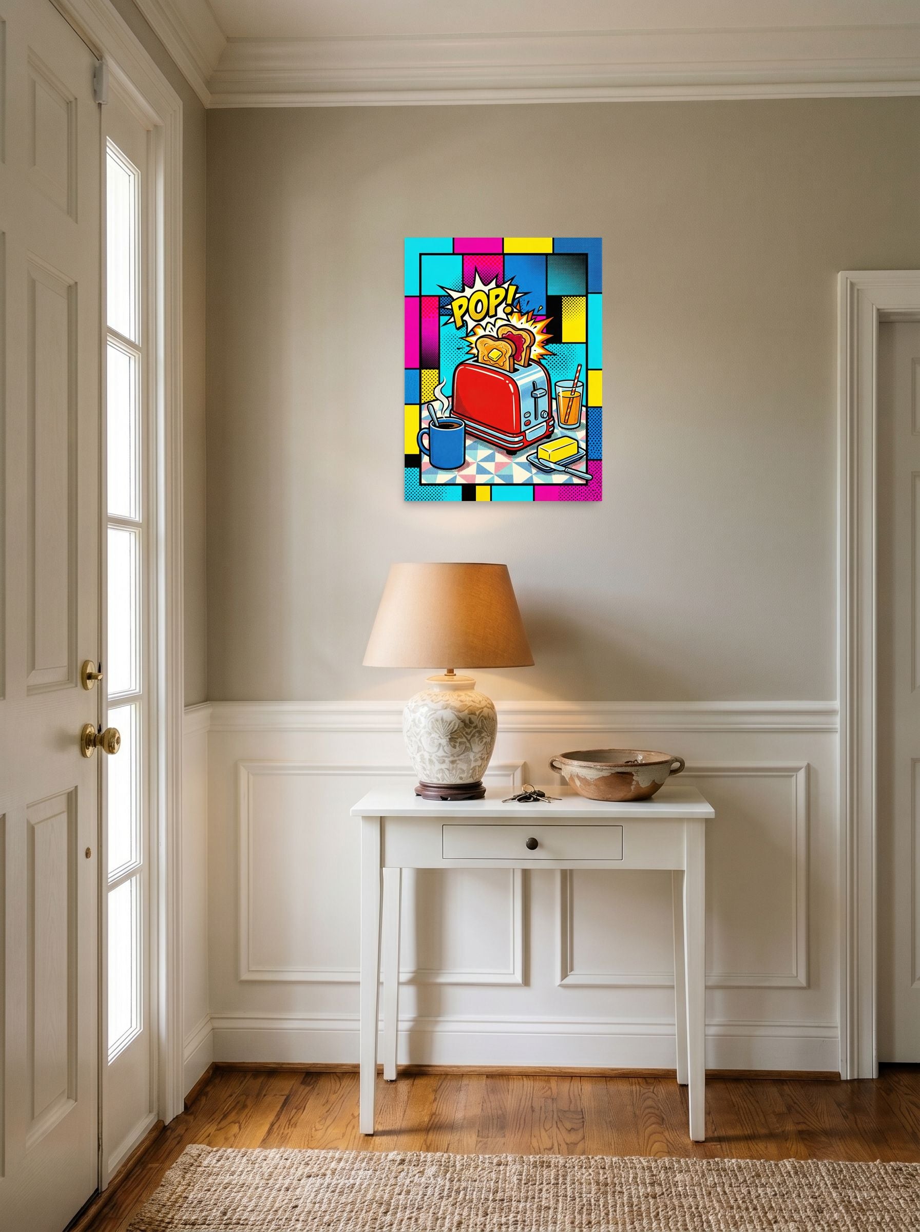 A 18x24 inch unframed paper Pop art print of 'Pop Goes the Toast' hanging in an entryway near a console.