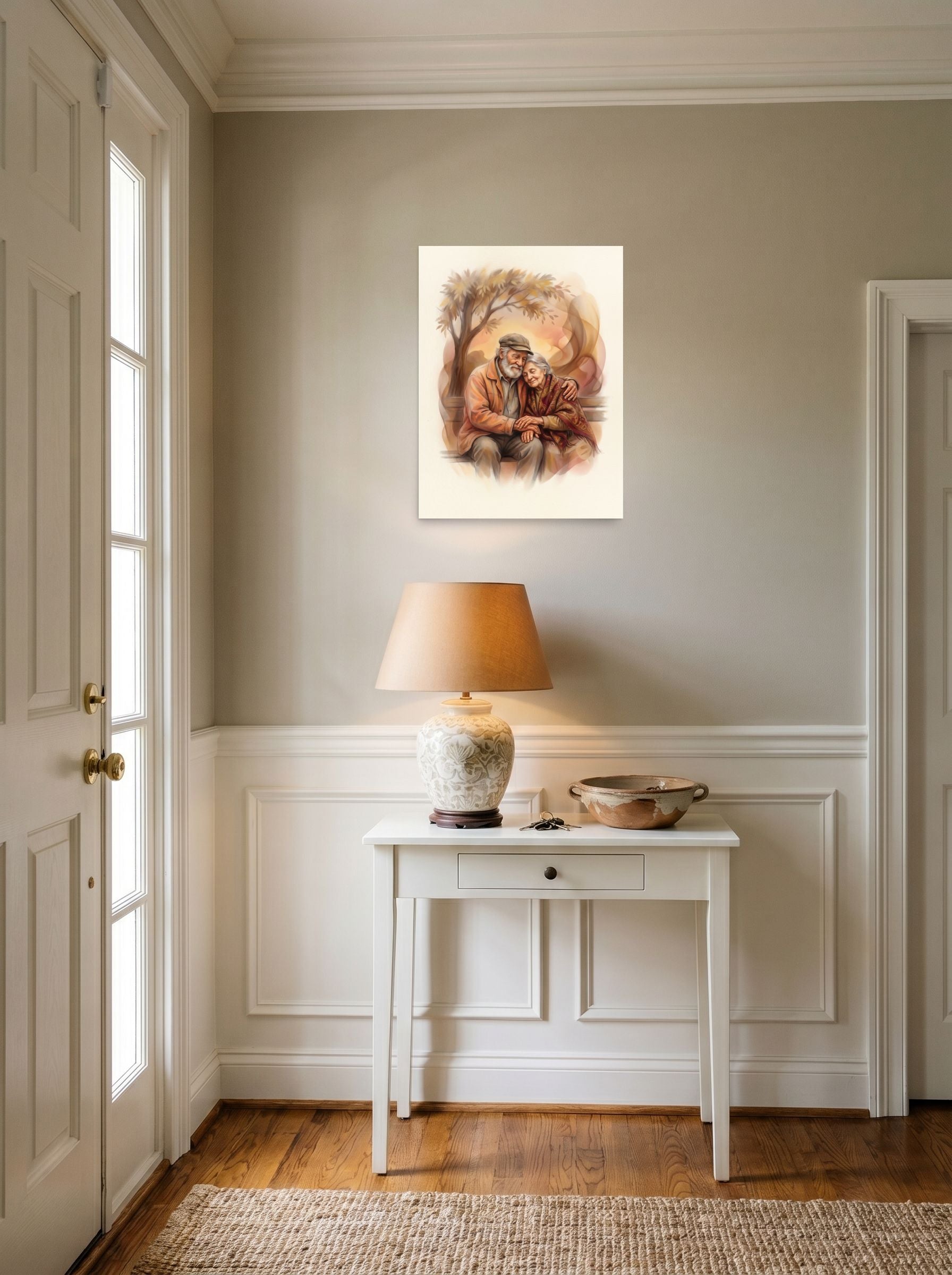 A 18x24 inch unframed paper Realism print of 'Autumn Affection' hanging in an entryway near a console.