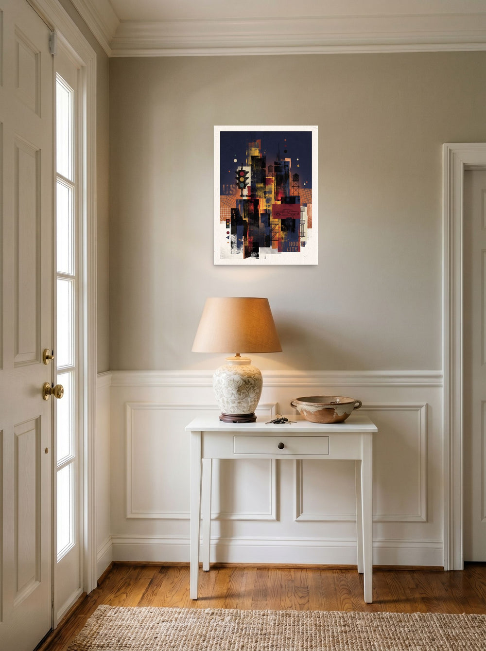 'Route City Shadows' styled above a console table in an entryway. A 18x24 inch unframed paper Dau-al-Set print.