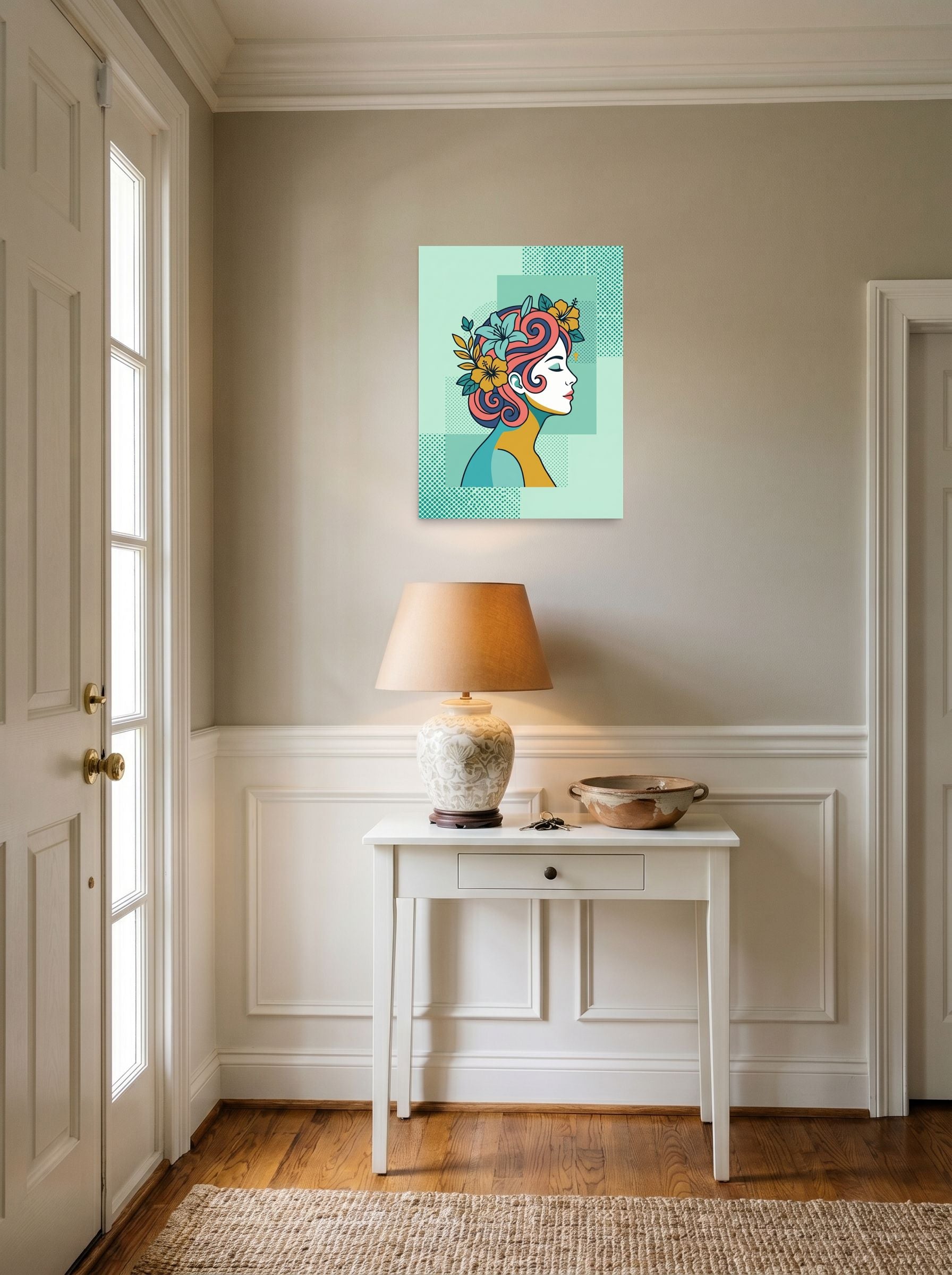 A 18x24 inch unframed paper Pop art print of 'Tropical Flow' hanging in an entryway near a console.