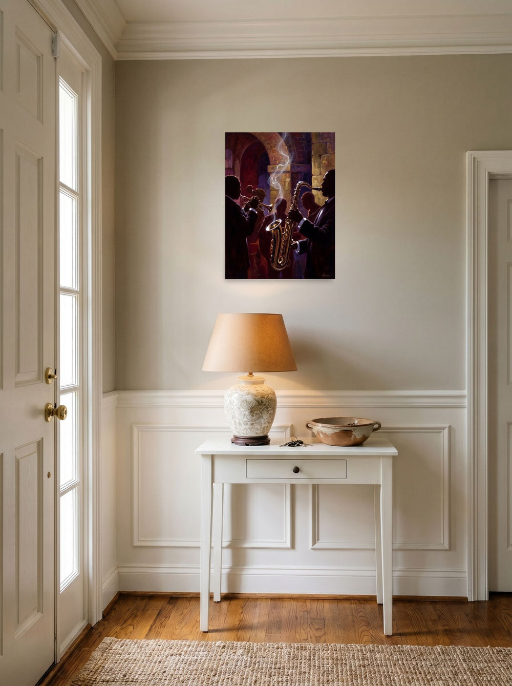 See 'Smoke and Brass' as a unframed paper print (18x24 inch), hanging in an entryway near a console.