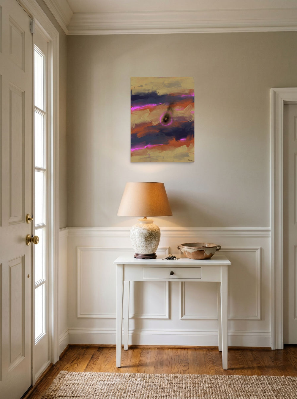 Mockup of 'Neon Singularity' as a 18x24 inch unframed paper print, hanging in an entryway near a console.