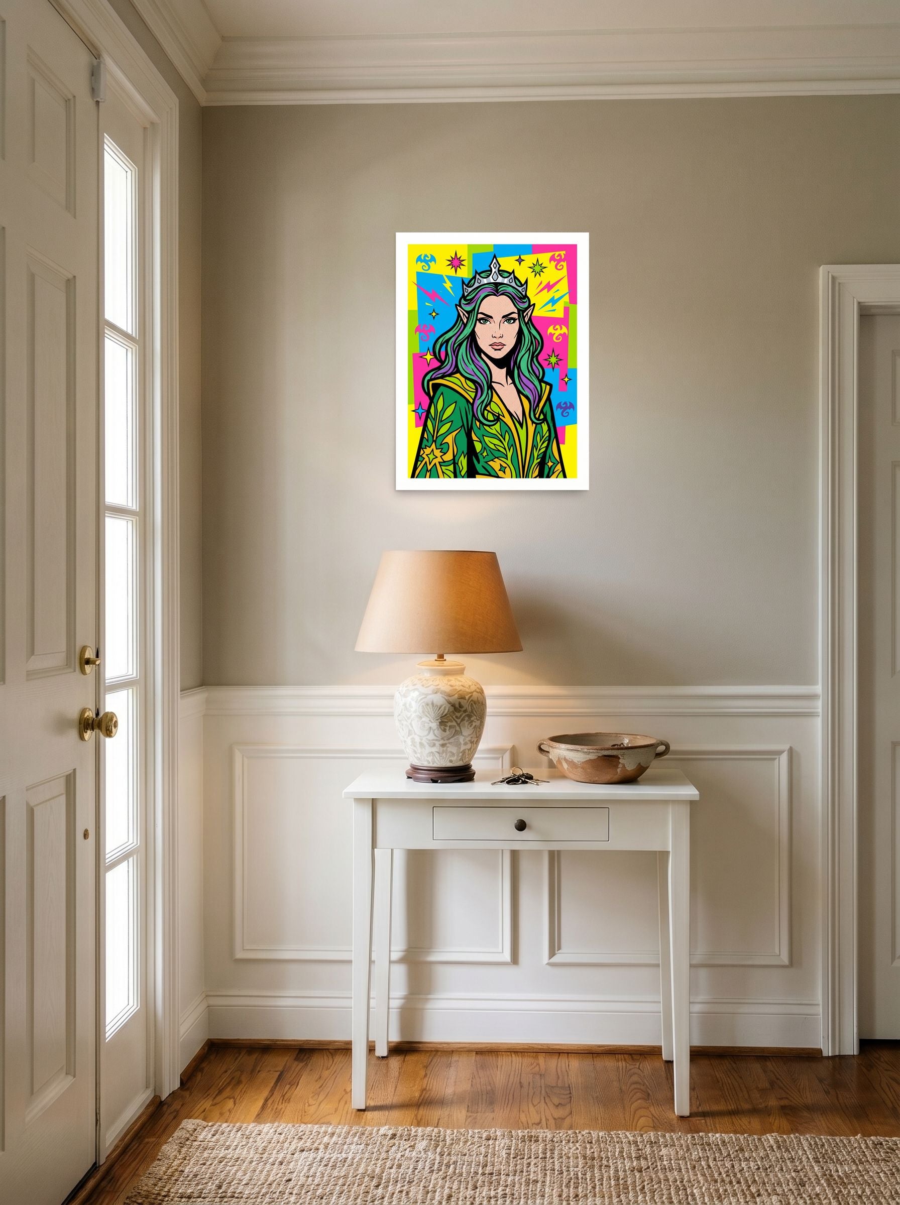 A 18x24 inch unframed paper Pop art print of 'Elven Queen of Pop' hanging in an entryway near a console.