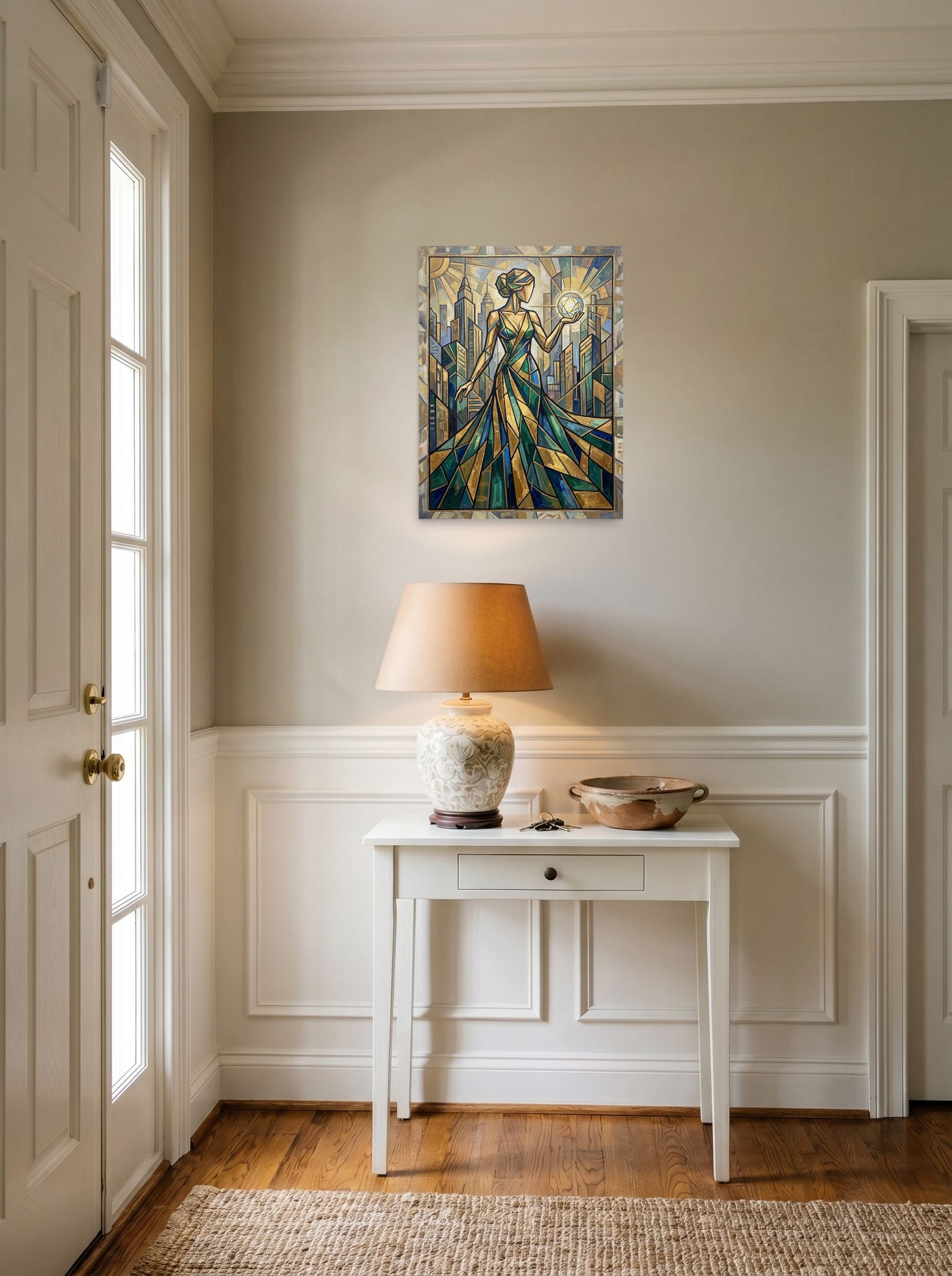 A 18x24 inch unframed paper Art Deco print of 'City of Light' hanging in an entryway near a console.