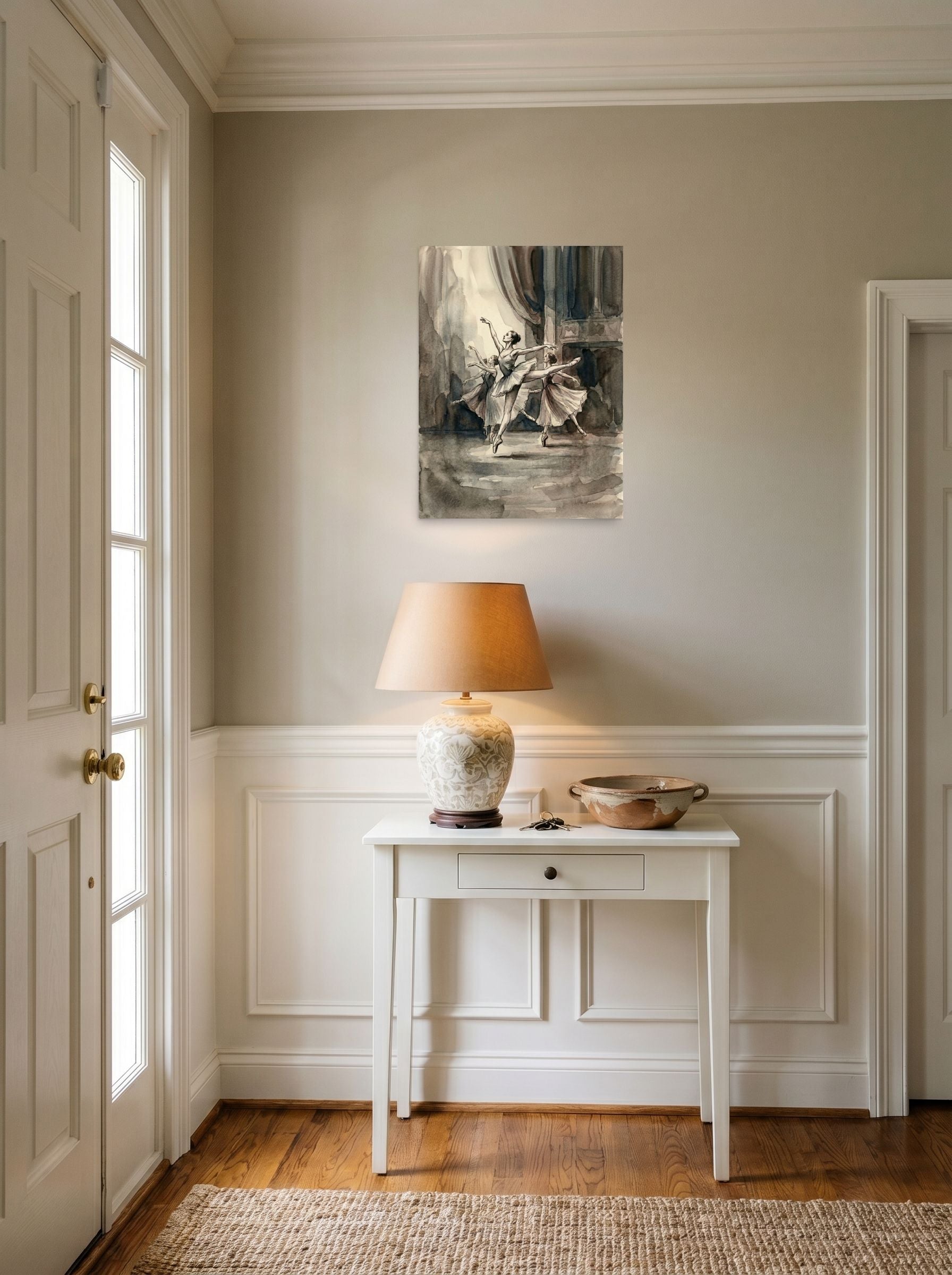 A 18x24 inch unframed paper Realism print of 'En Pointe' hanging in an entryway near a console.