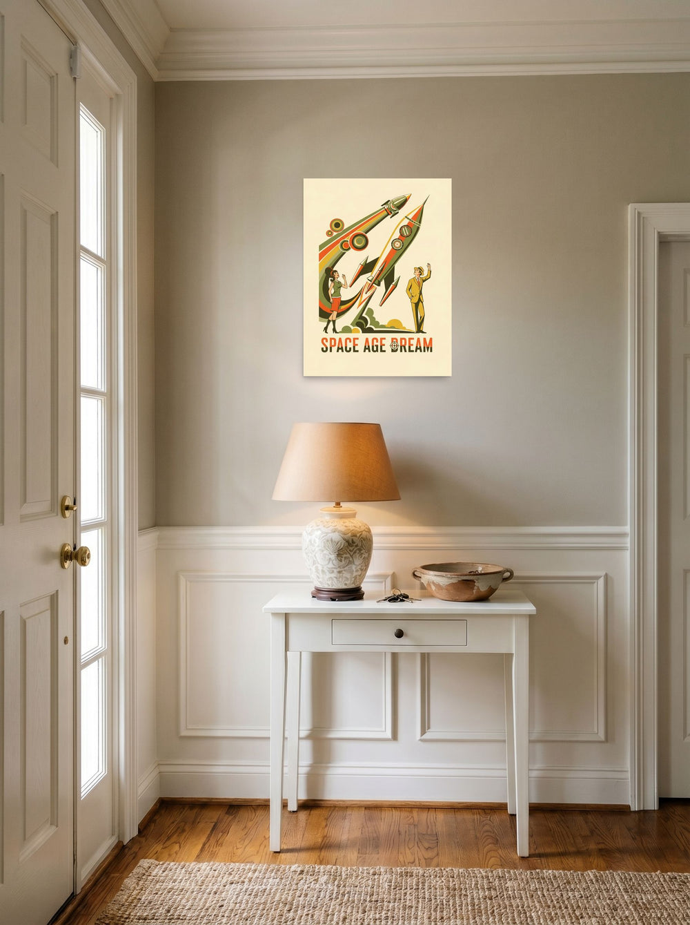 A 18x24 inch unframed paper Retrofuturism,Pop art print of 'Space Age Dream' hanging in an entryway near a console.