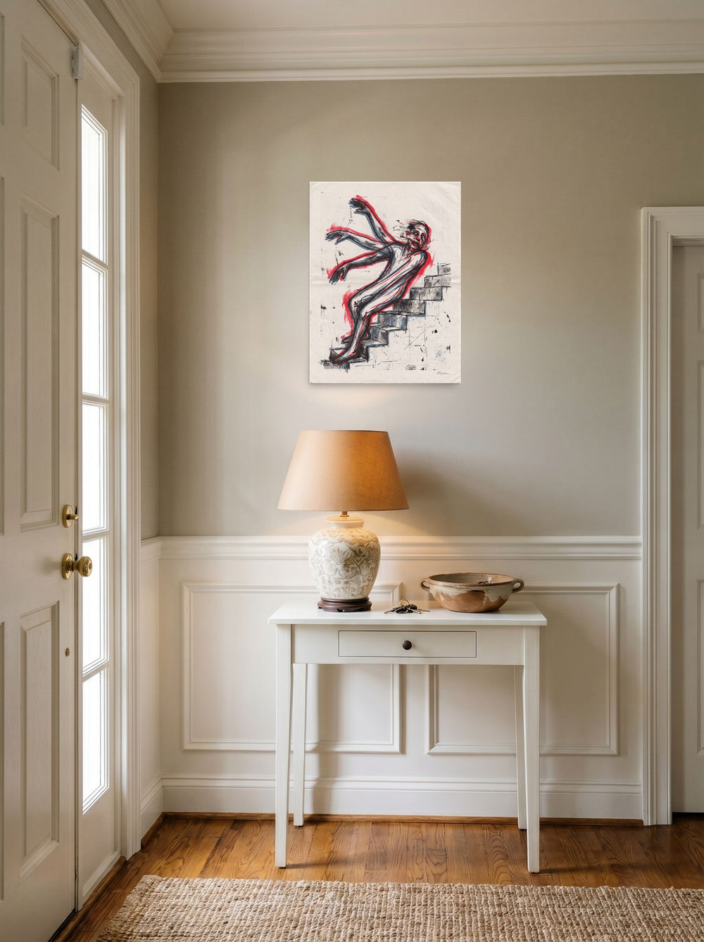 See 'Descent in Motion' as a unframed paper print (18x24 inch), hanging in an entryway near a console.