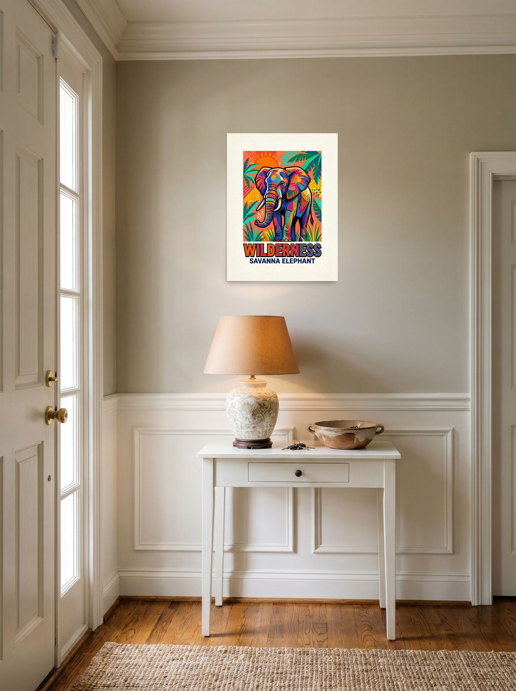 A 18x24 inch unframed paper Pop art print of 'Savanna Elephant Wilderness' hanging in an entryway near a console.