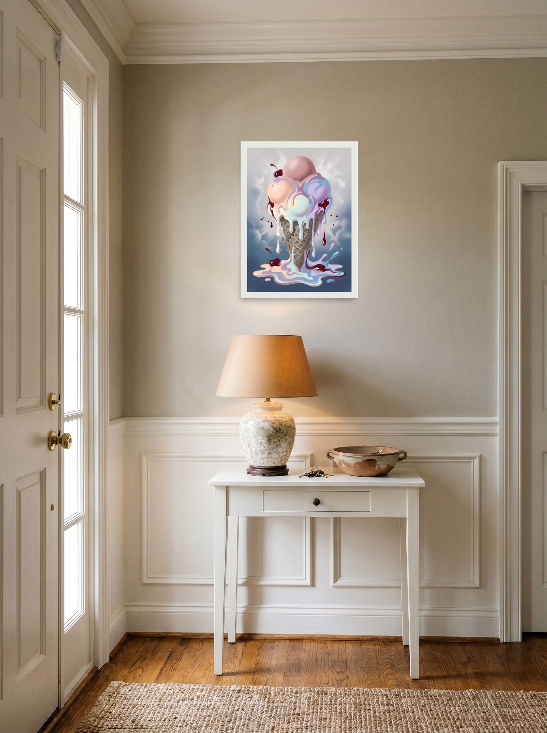 A 18x24 inch unframed paper Pop art print of 'Melting Pastels' hanging in an entryway near a console.