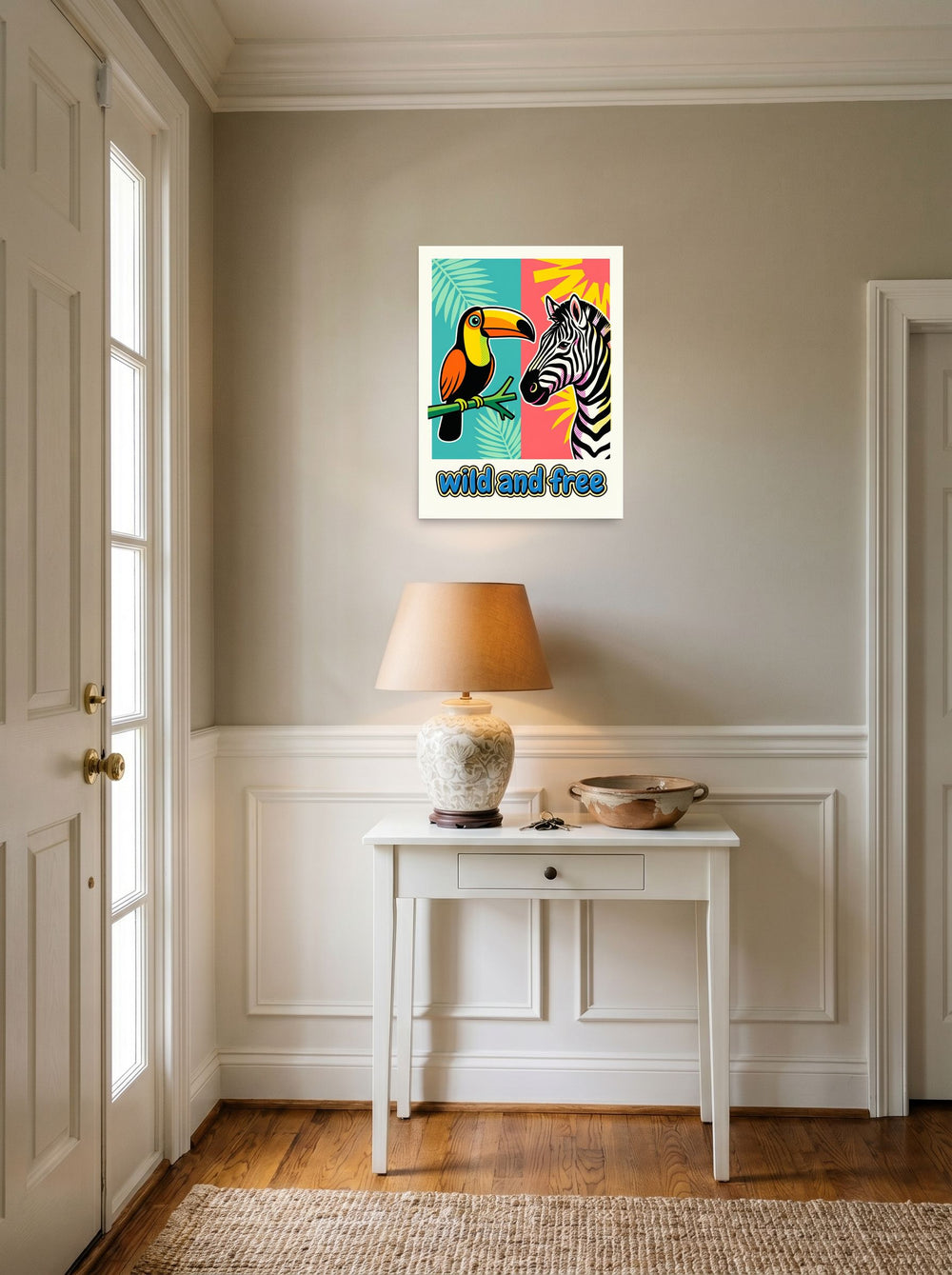 A 18x24 inch unframed paper Pop art print of 'Wild and Free Toucan Zebra' hanging in an entryway near a console.