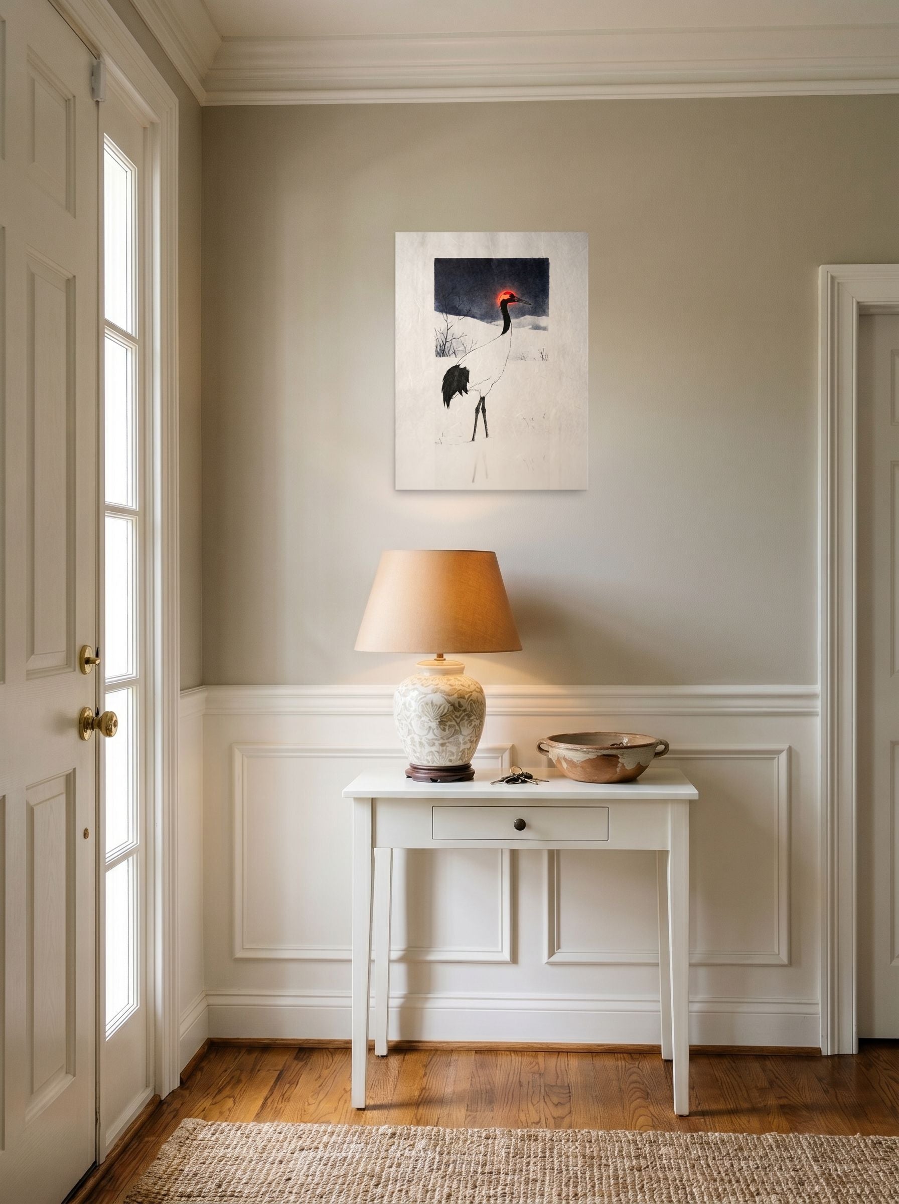 A 18x24 inch unframed paper Ukiyo-e,Surrealism print of 'Winter Crane's Neon Crown' hanging in an entryway near a console.