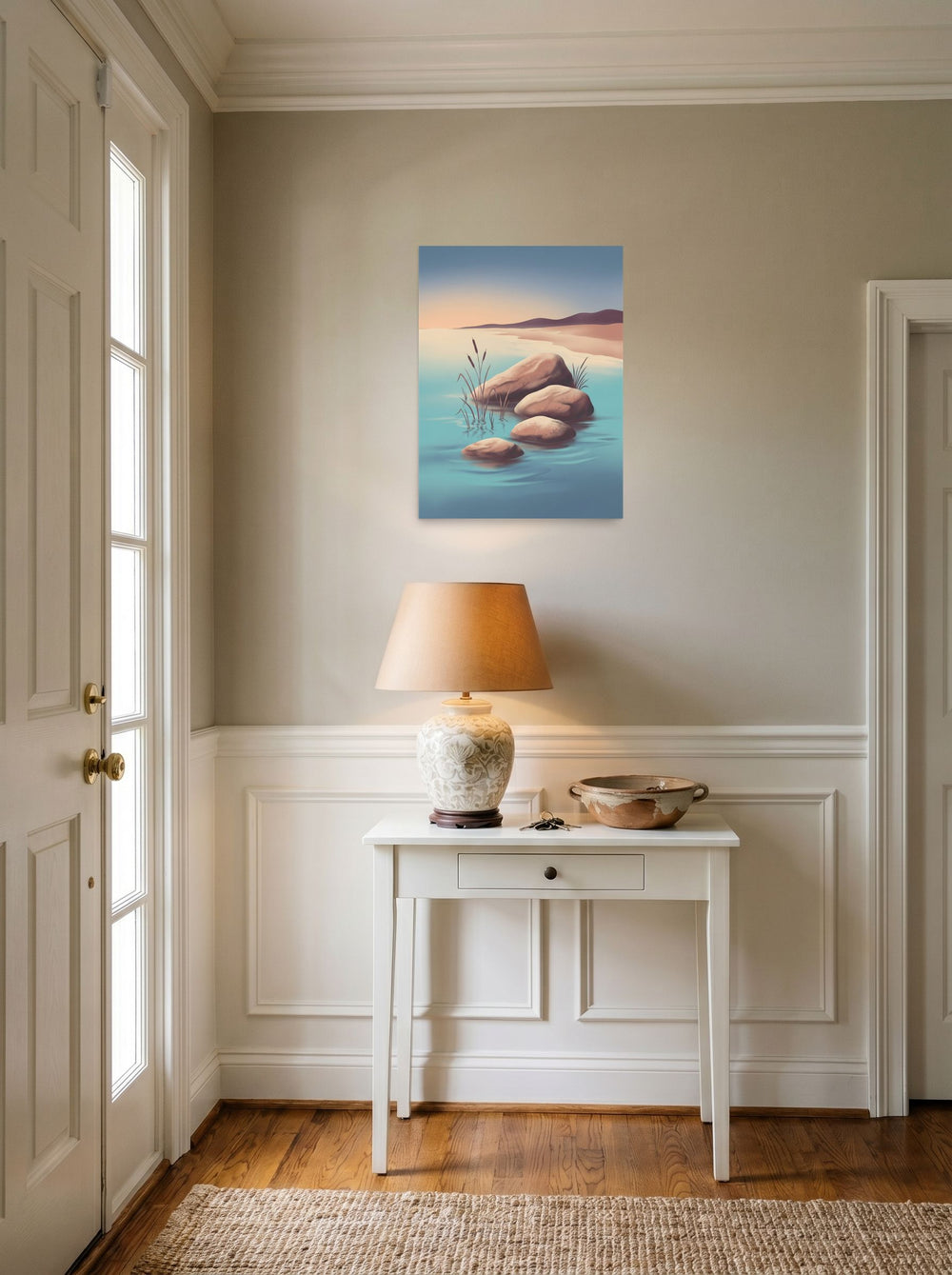 A 18x24 inch unframed paper Minimalism print of 'Zen Waters' hanging in an entryway near a console.