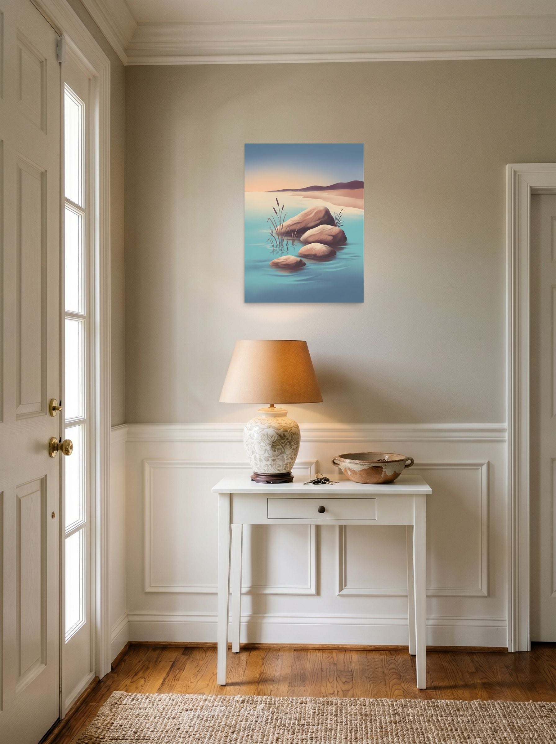 A 18x24 inch unframed paper Minimalism print of 'Zen Waters' hanging in an entryway near a console.