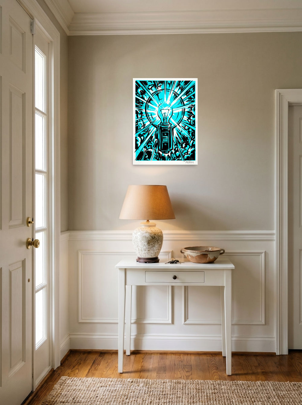 A 18x24 inch unframed paper Pop art print of 'Cyan Eureka' hanging in an entryway near a console.