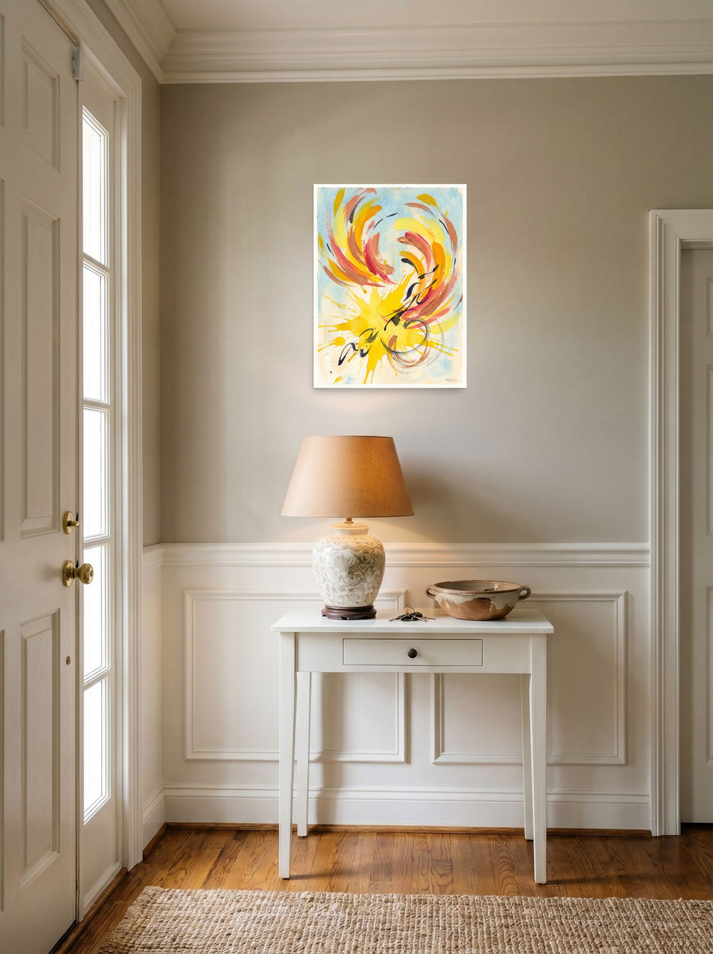 'Solstice Flight' styled above a console table in an entryway, printed as unframed paper at 18x24 inch.