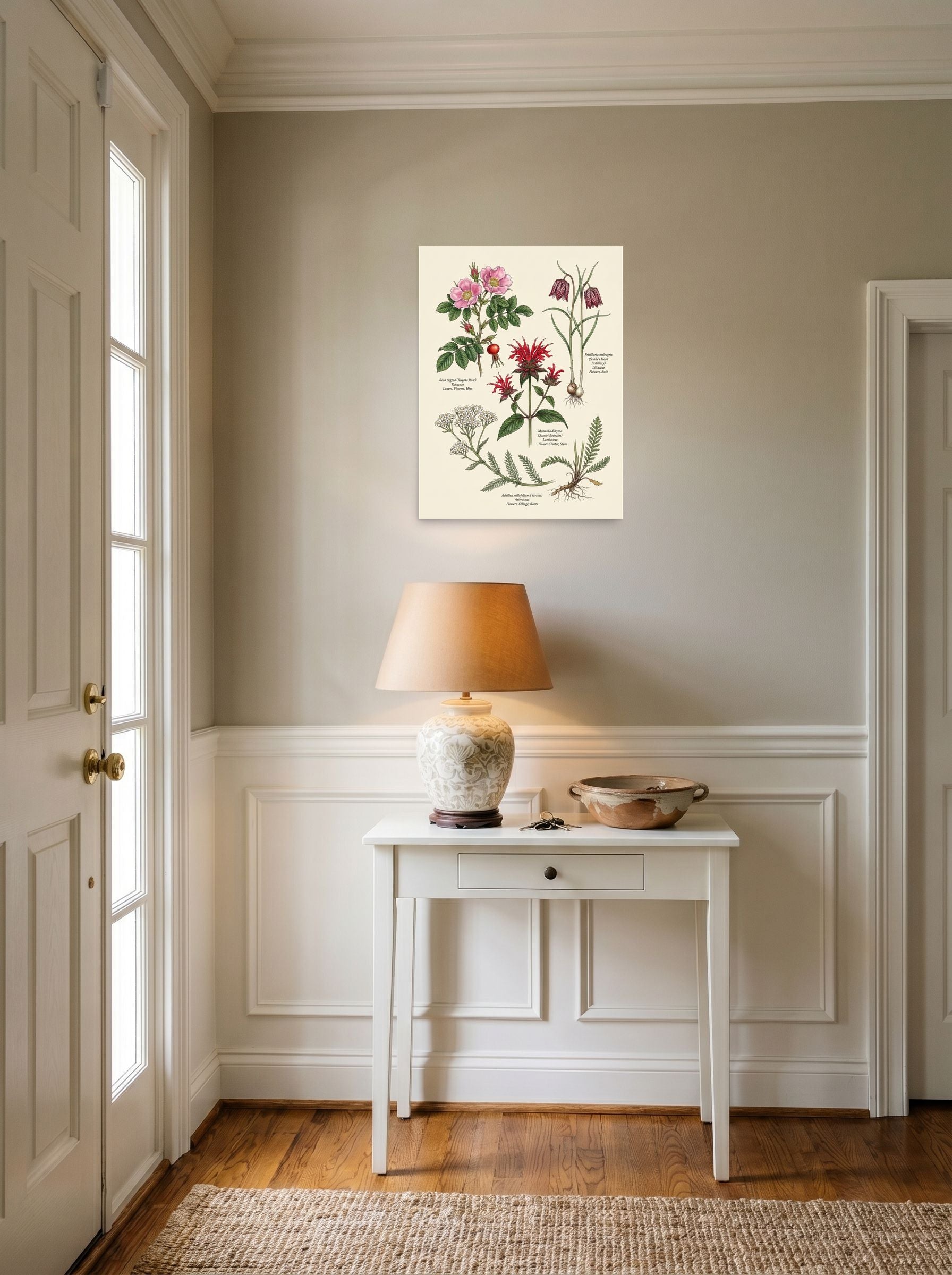 A 18x24 inch unframed paper Academic art,Realism print of 'Wildflowers and Herbs Compendium' hanging in an entryway near a console.