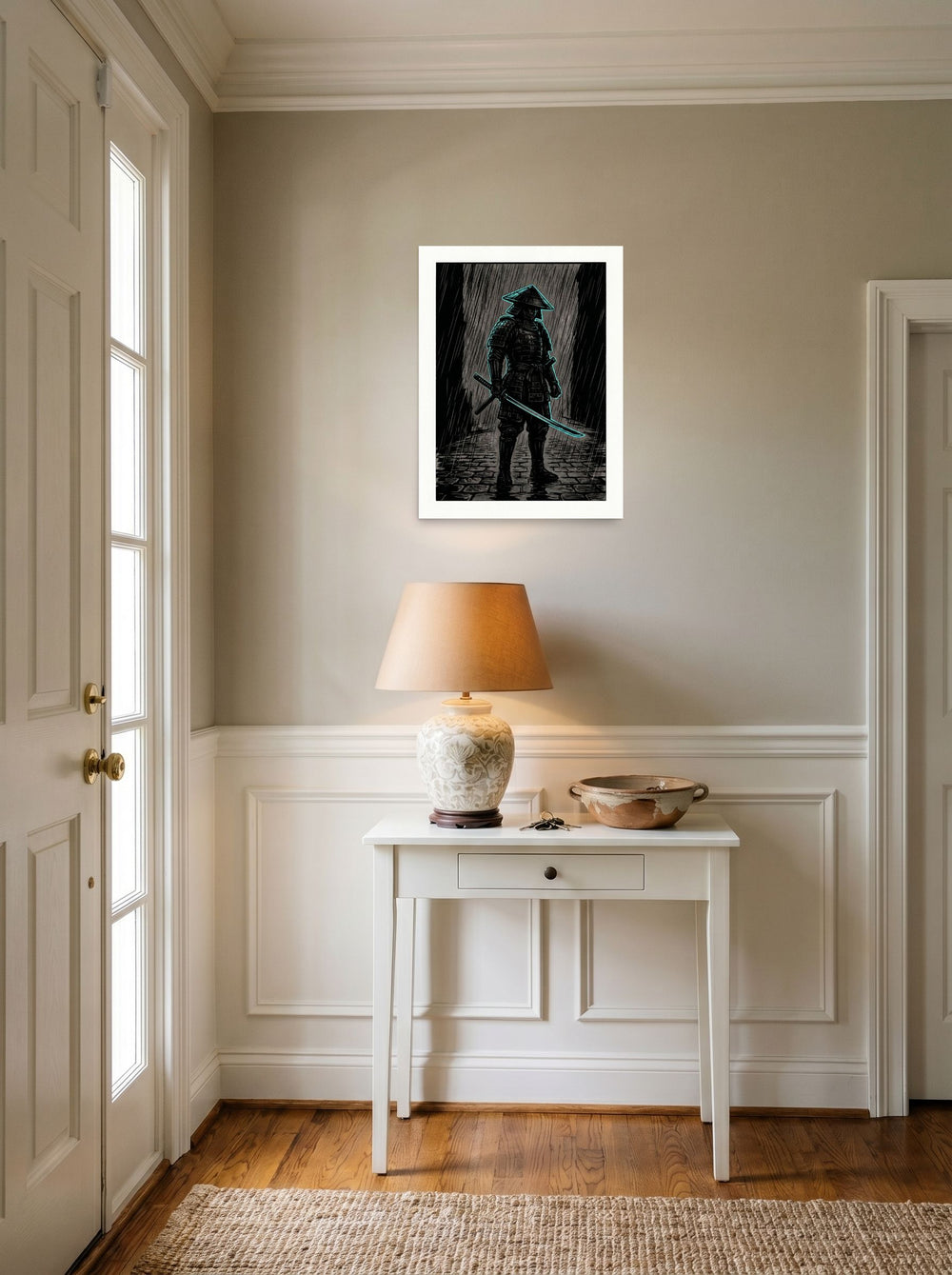 A 18x24 inch unframed paper Ukiyo-e,Retrofuturism print of 'Cyber Samurai in the Rain' hanging in an entryway near a console.
