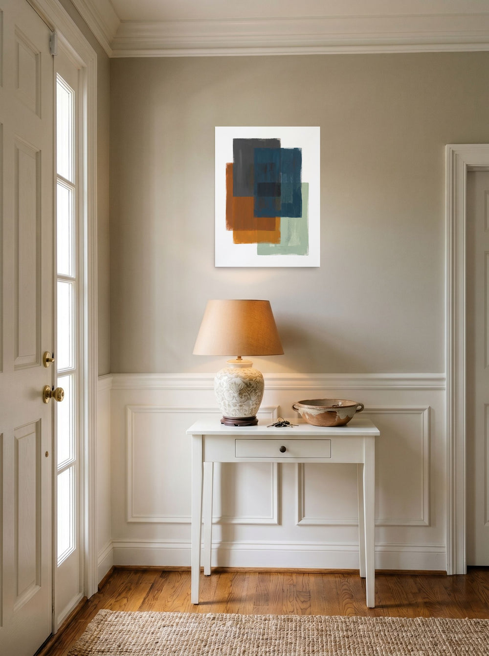 A 18x24 inch unframed paper Minimalism,Color Field print of 'Overlapping Horizons' hanging in an entryway near a console.