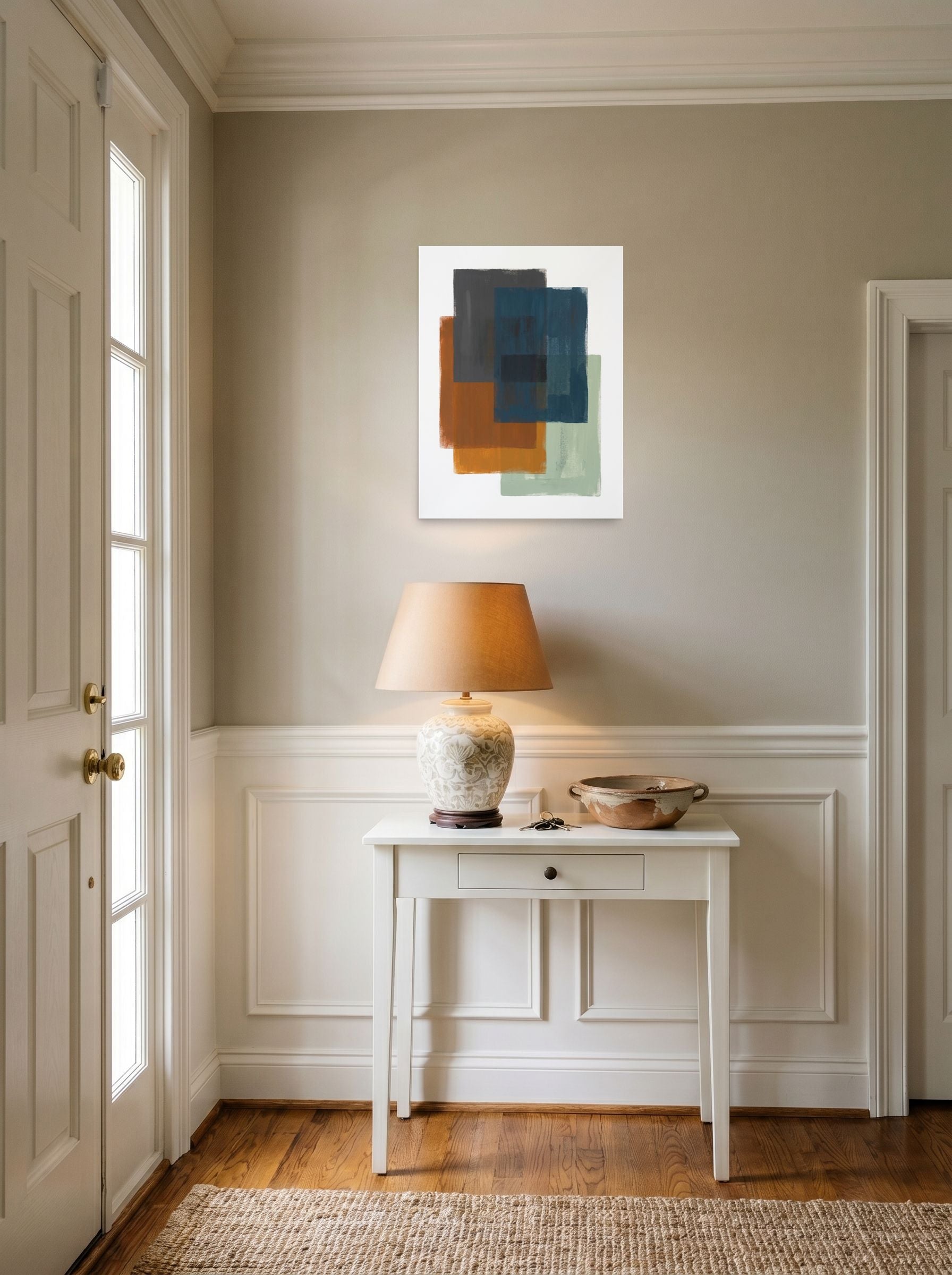 A 18x24 inch unframed paper Minimalism,Color Field print of 'Overlapping Horizons' hanging in an entryway near a console.