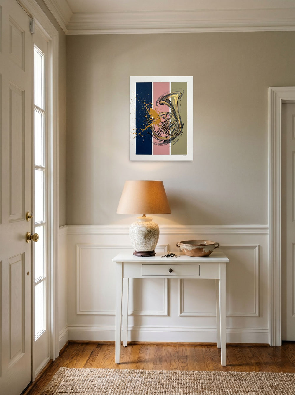 Abstract art wall art 'Resonance in Brass', unframed paper at 18x24 inch, set against a bright entryway wall.