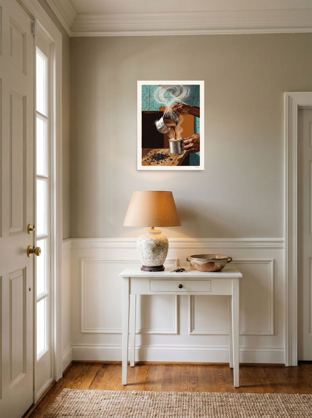 A unframed paper print of the Realism artwork 'The Artisan's Brew', set against a bright entryway wall.