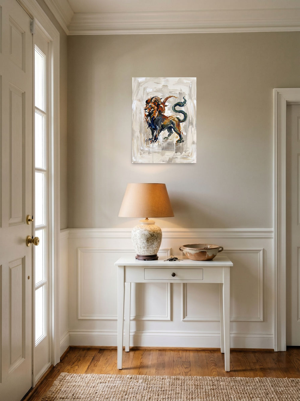 A 18x24 inch unframed paper version of 'The Chimera', Expressionism wall art, styled above a console table in an entryway.