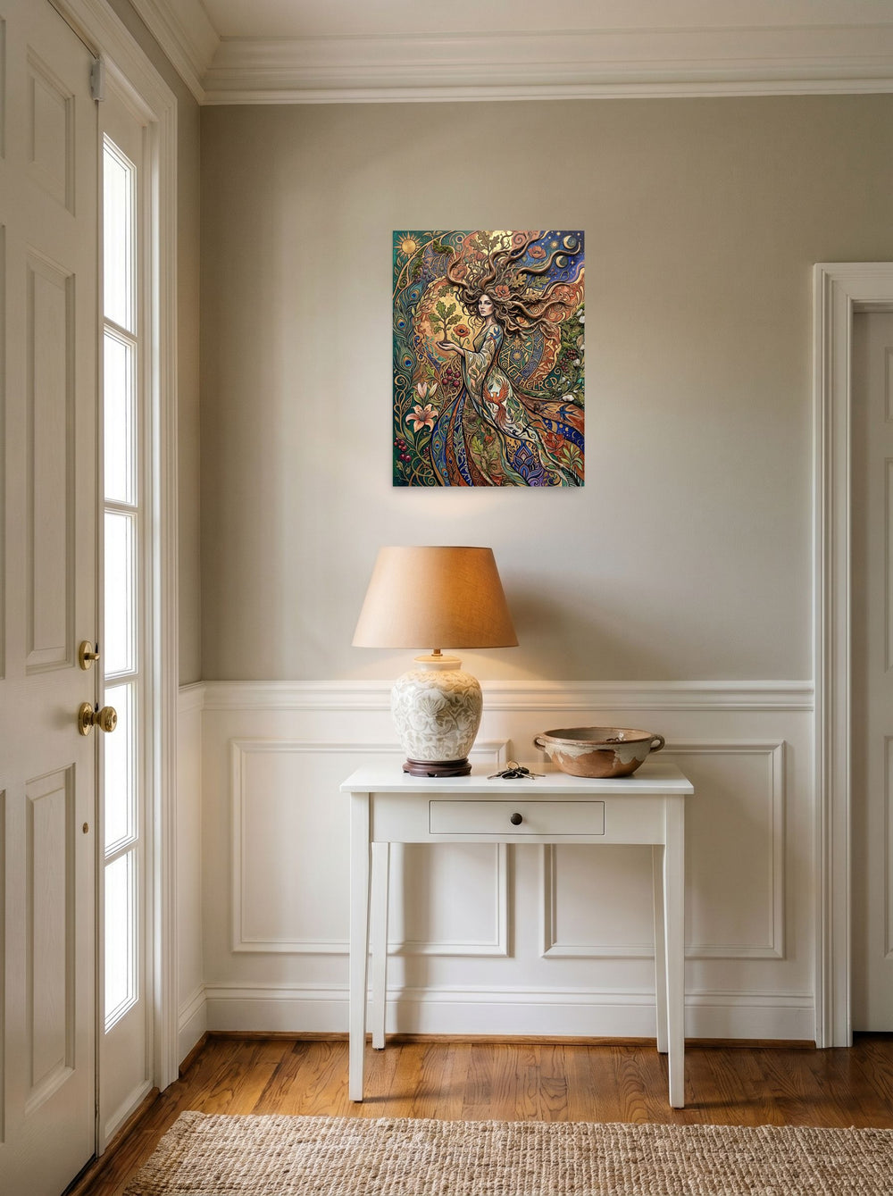 The Art Nouveau print 'Goddess of the Sacred Oak', 18x24 inch unframed paper, set against a bright entryway wall.