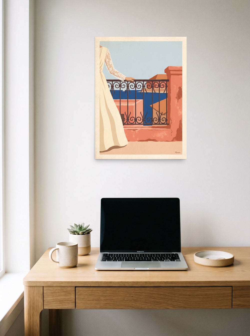 'Coastal Balcony Breeze' as a unframed paper print, 18x24 inch, styled above a home-office workspace.