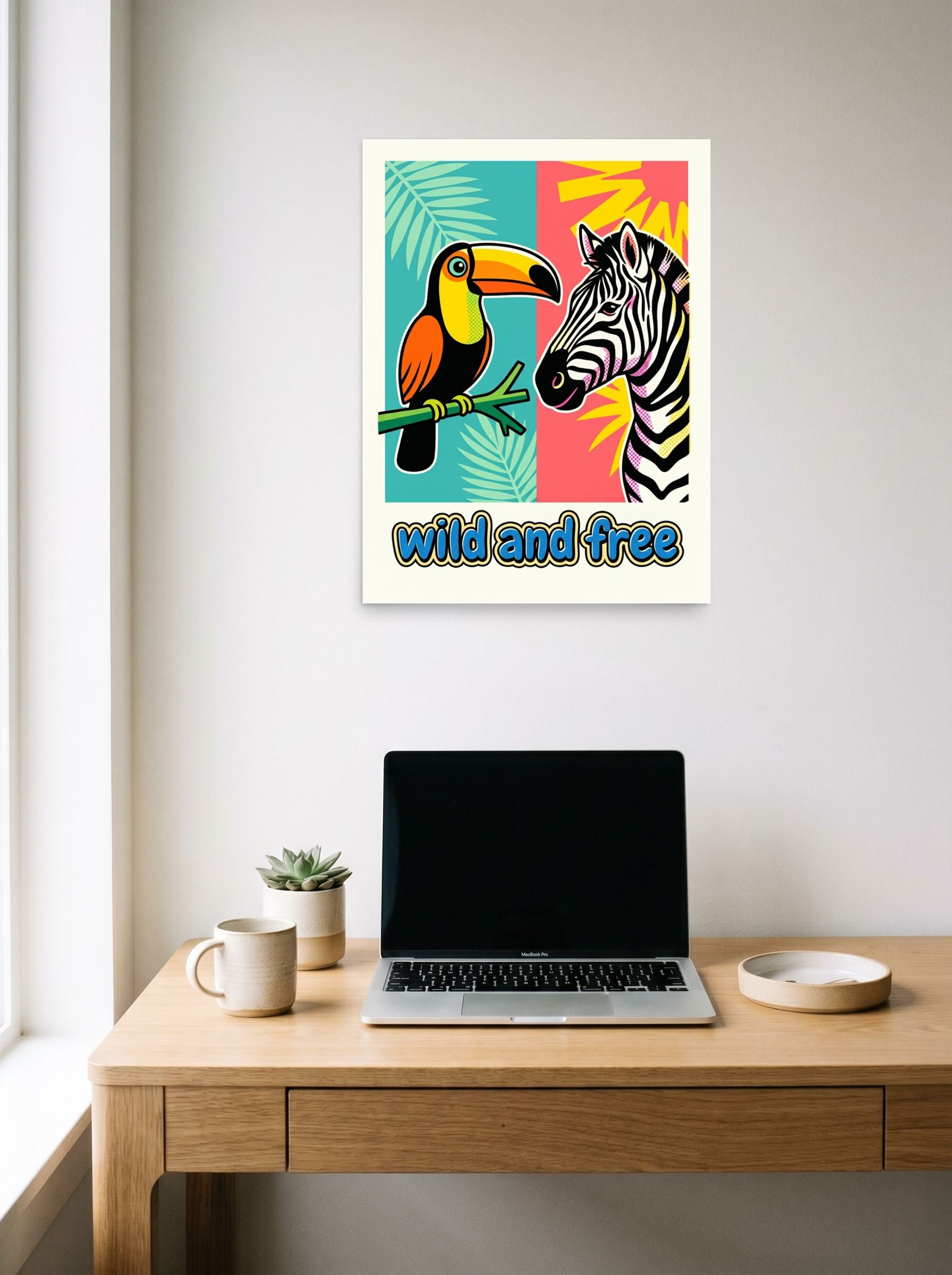 A 18x24 inch unframed paper Pop art print of 'Wild and Free Toucan Zebra' hanging above a worktable with a laptop.