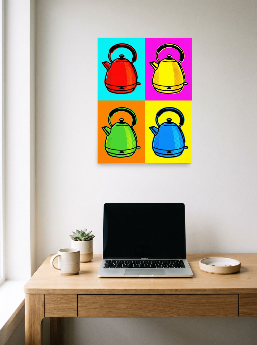 A 18x24 inch unframed paper Pop art print of 'Quad Chroma Kettle' hanging above a worktable with a laptop.
