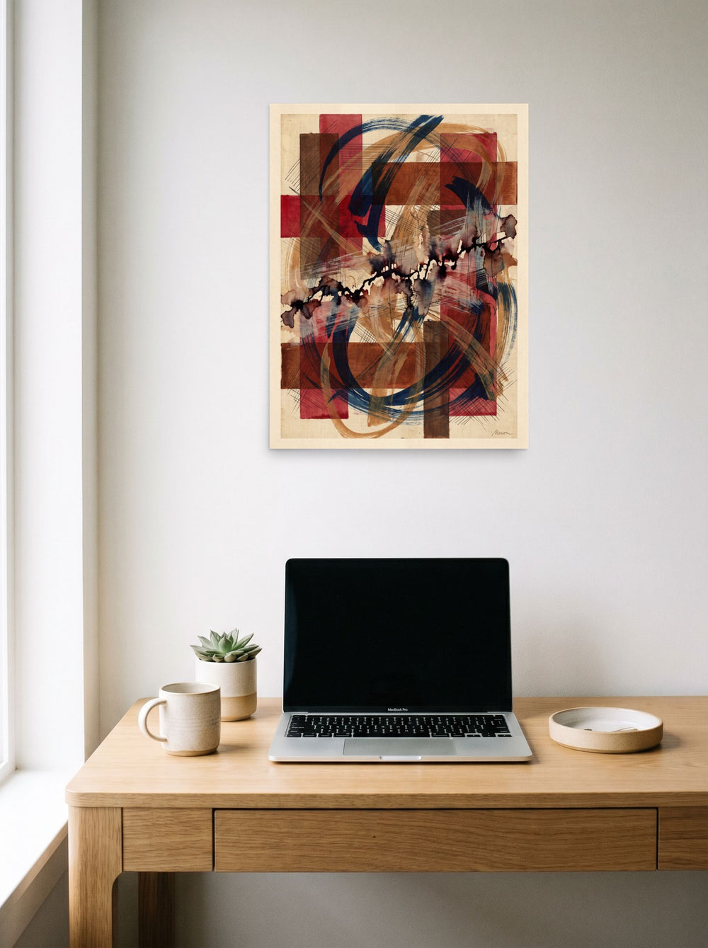 Mockup of 'Crimson Lattice' as a 18x24 inch unframed paper print, displayed over a compact desk setup.