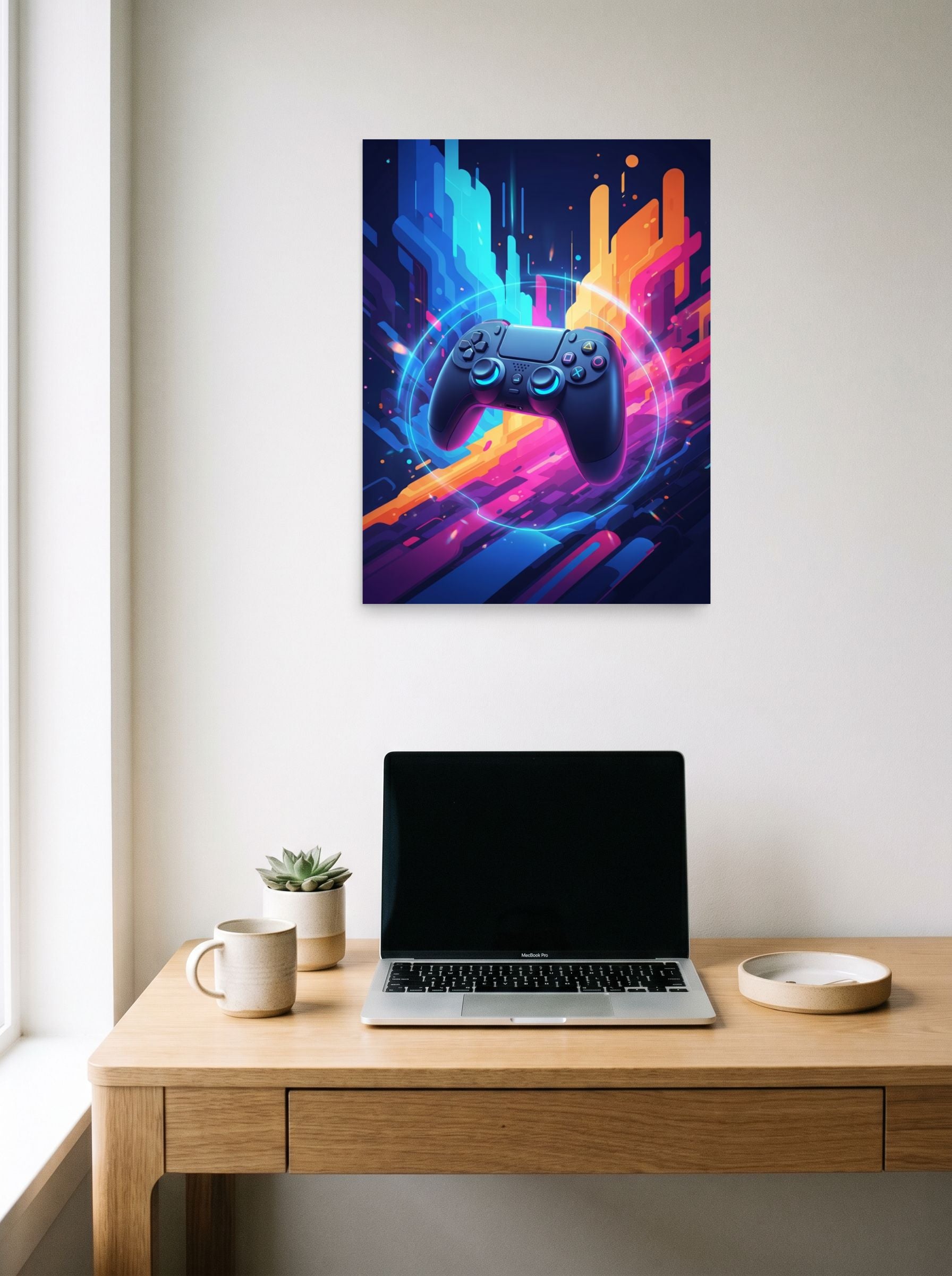 A 18x24 inch unframed paper Pop art print of 'Synthwave Gamer' hanging above a worktable with a laptop.