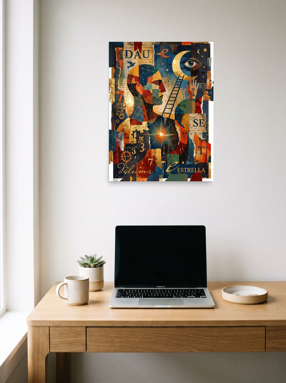 The unframed paper print 'Ladder to the Stars' styled above a home-office workspace, shown at 18x24 inch.