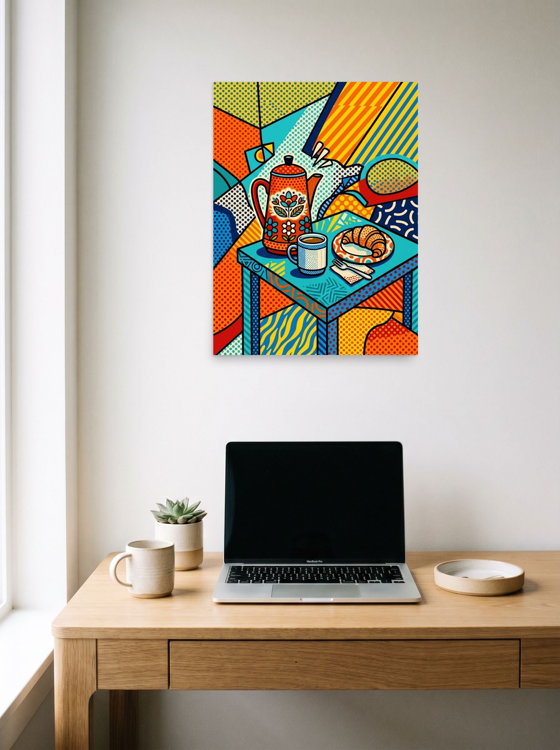 A 18x24 inch unframed paper Pop art,Cubism print of 'Morning Halftone' hanging above a worktable with a laptop.