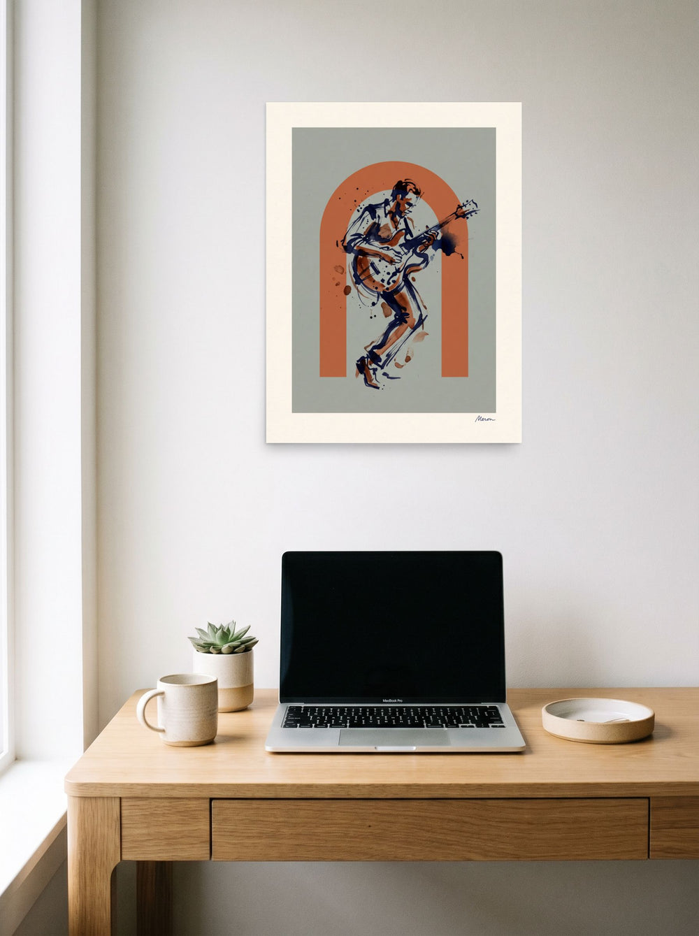 'Rust Rhythm' displayed over a compact desk setup. A 18x24 inch unframed paper Abstract art print.