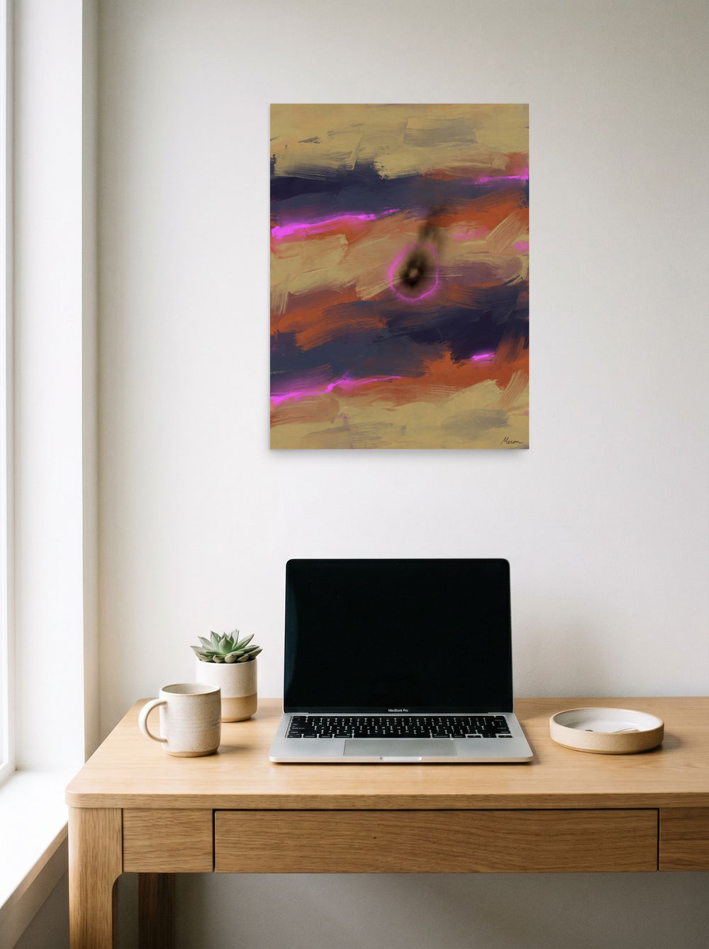Mockup of 'Neon Singularity' as a 18x24 inch unframed paper print, styled above a home-office workspace.